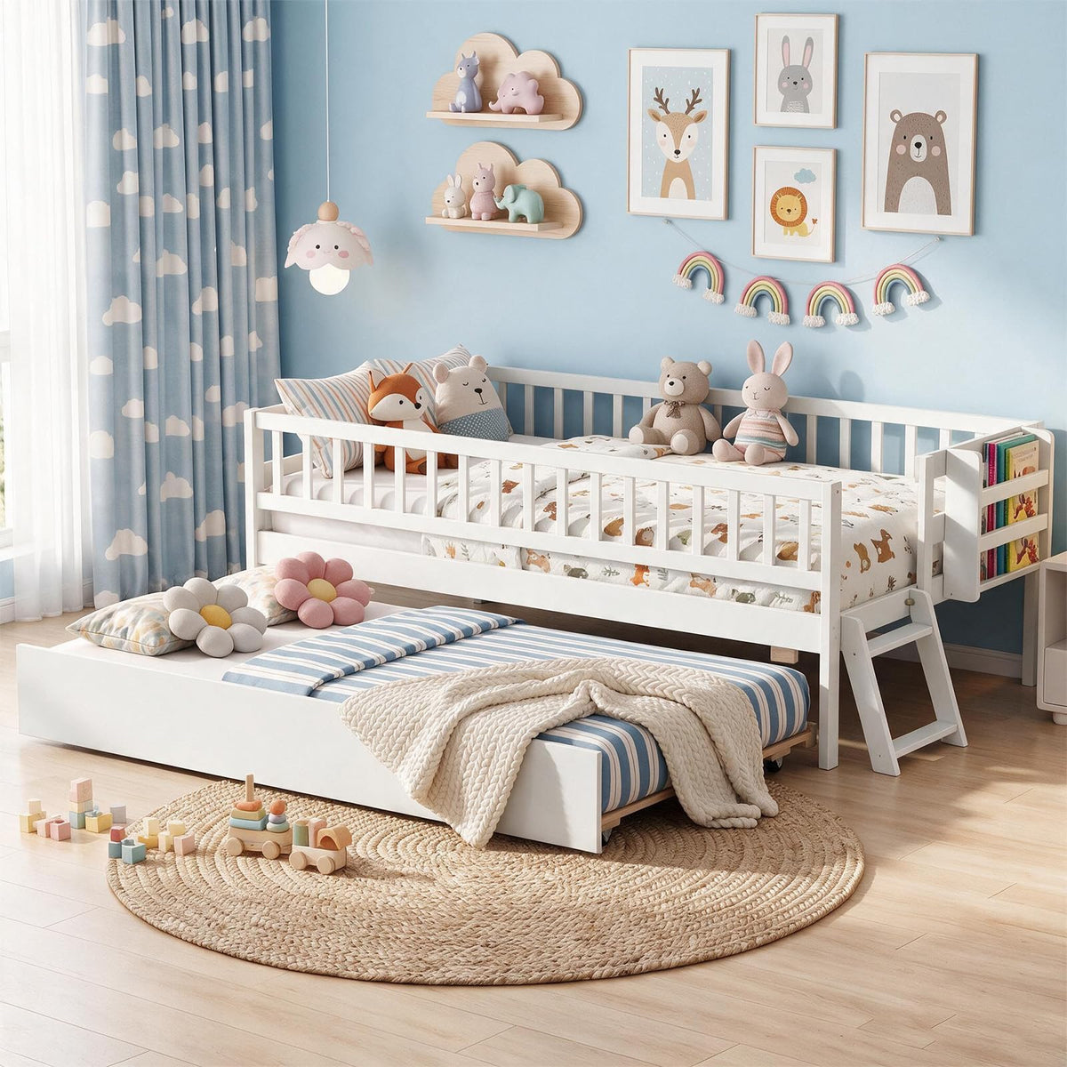 KOMFOTT Twin Bed Frame with Trundle & Bookshelf(with Trundle)
