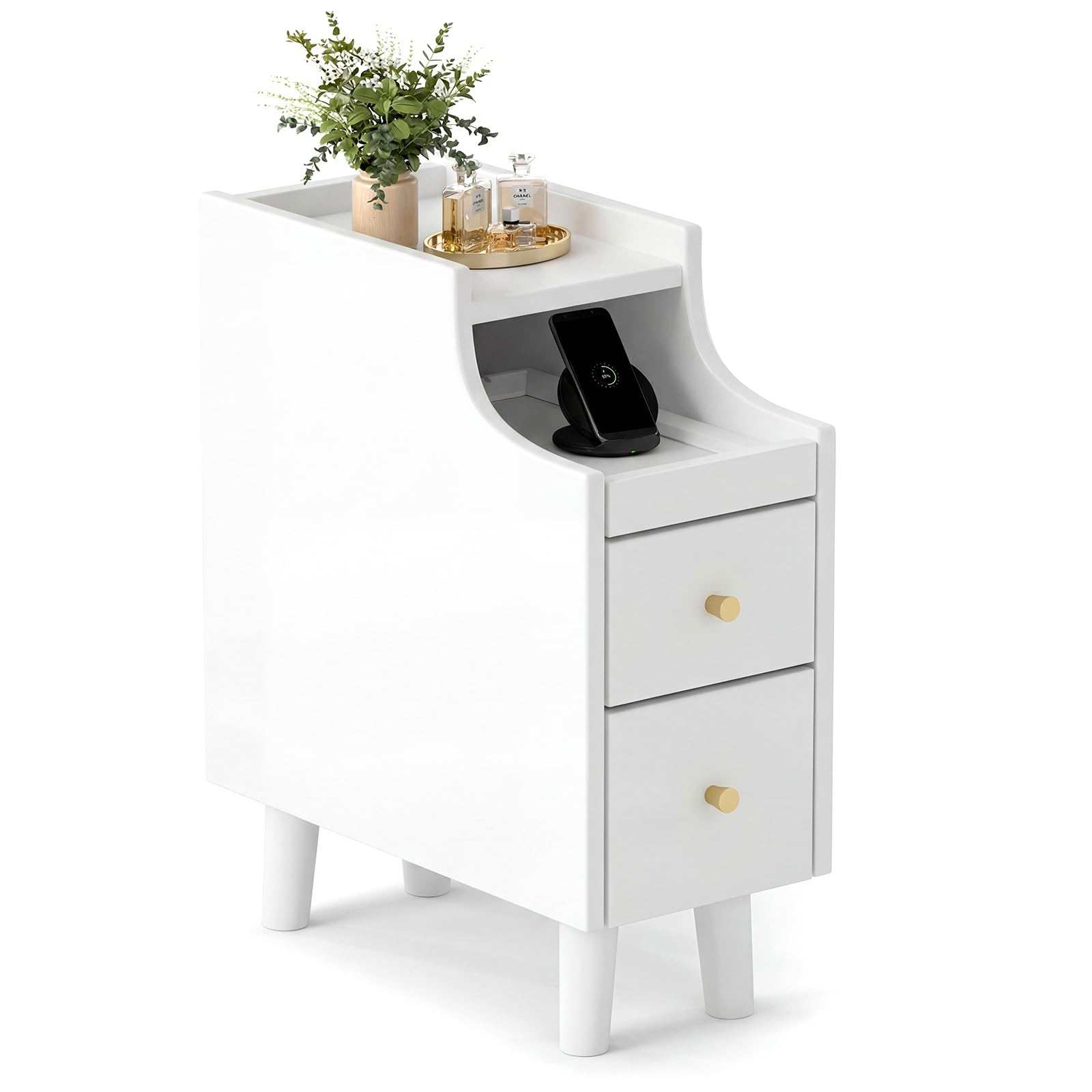 KOMFOTT Narrow Nightstand with Pull-Out Tray & 2 Storage Drawers