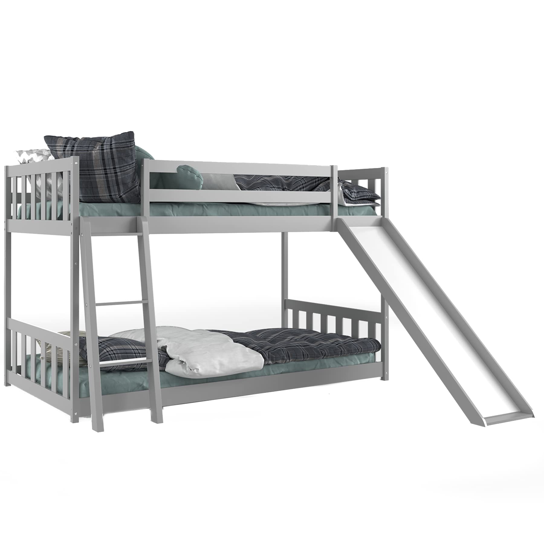 KOMFOTT Wood Bunk Bed Twin Over Twin Bunk Bed Frame w/Convertible Slide