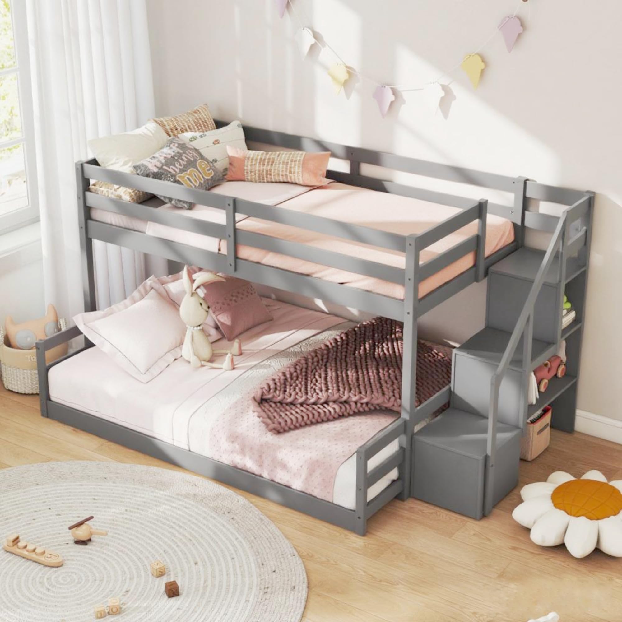 KOMFOTT Wood Twin Over Full Low Bunk Bed with Storage Staircase