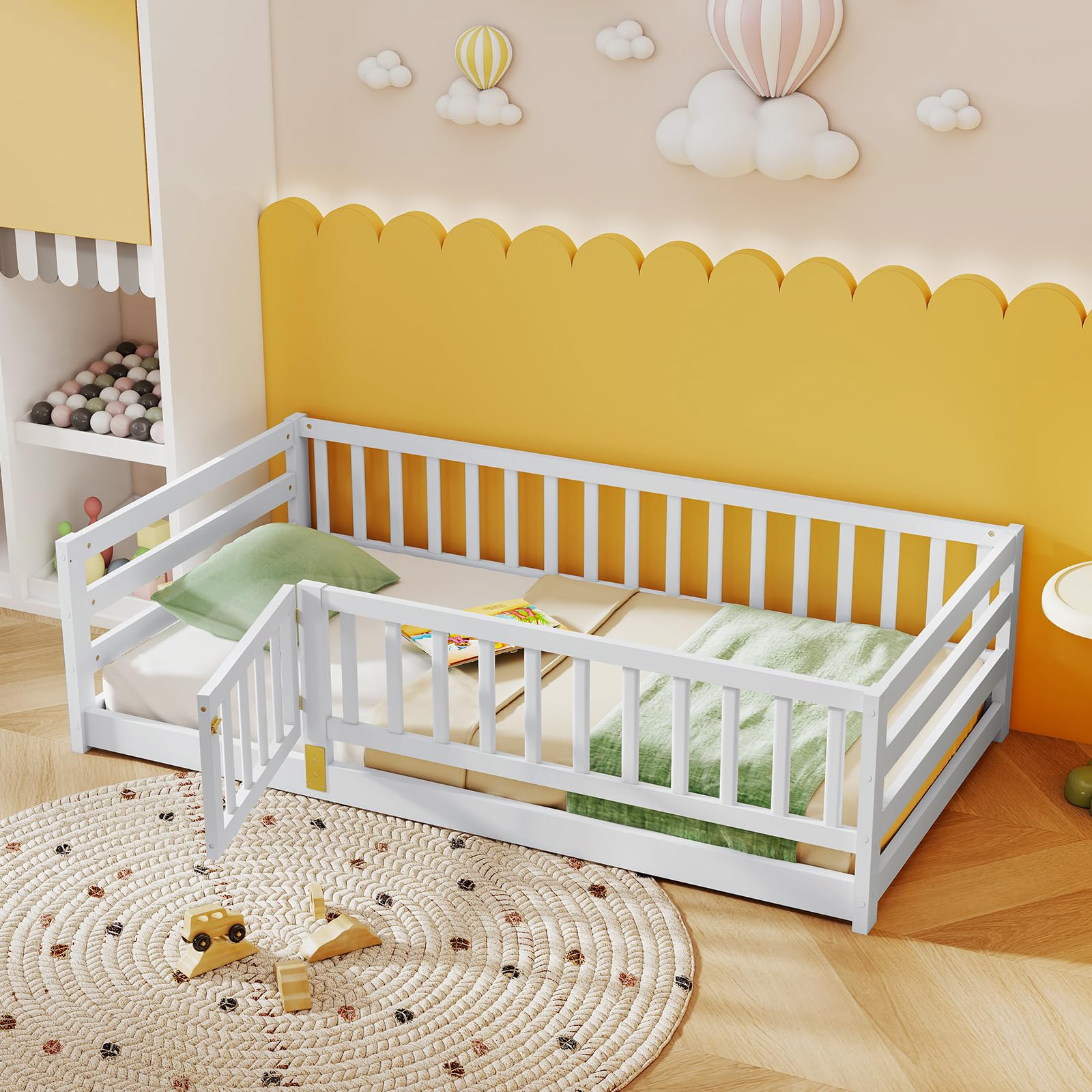 KOMFOTT Twin Size Wood Floor Bed with Door & 21.5” Fence