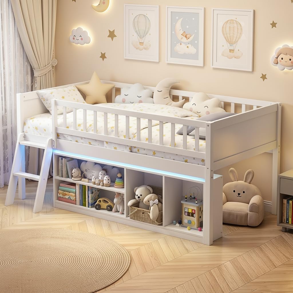 KOMFOTT Twin Size Low Loft Bed with LED Lights & Storage Bookcase(without Chalkboard)