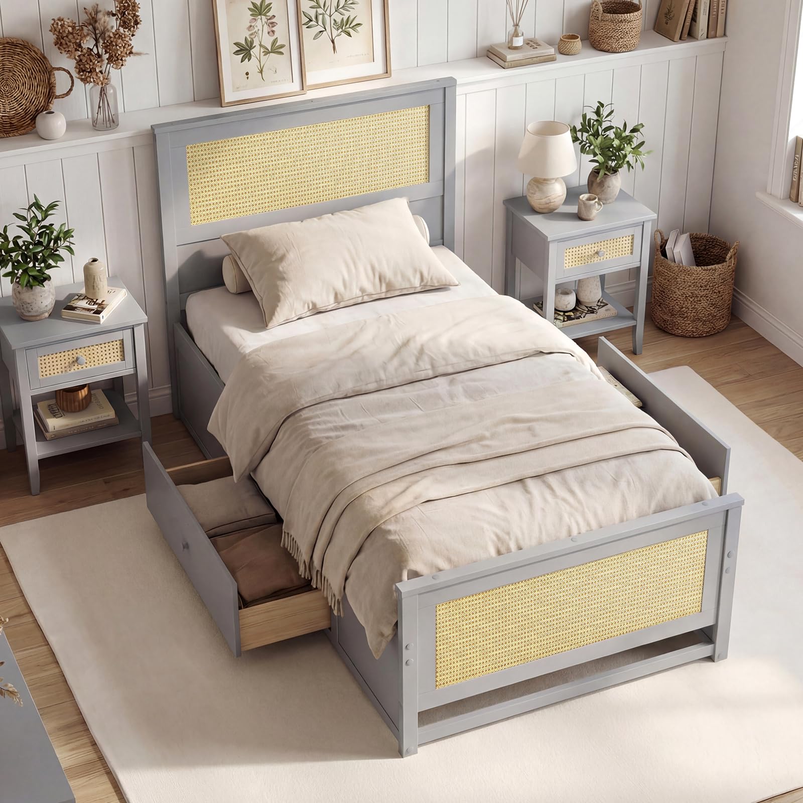 KOMFOTT Rattan Bed Frame with 2 Storage Drawers