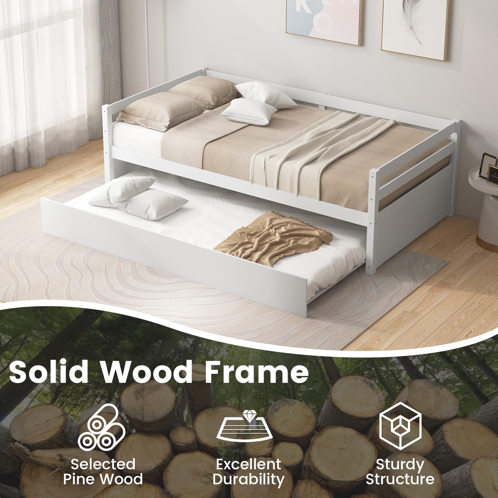 KOMFOTT Twin Daybed with Trundle, Wood Trundle Bed with Wood Slat Support