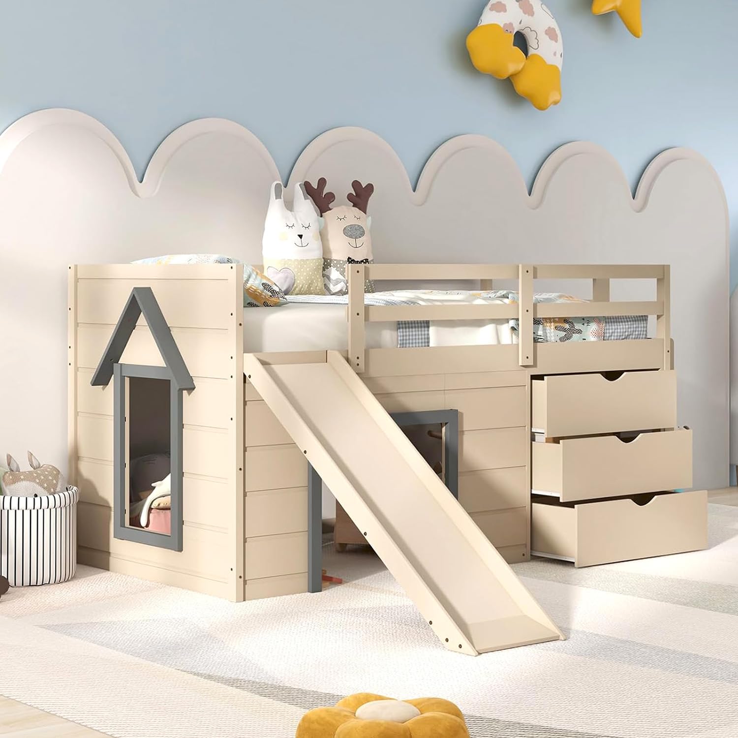 KOMFOTT Twin Low Loft Bed with 3 Storage Drawers & Underneath House