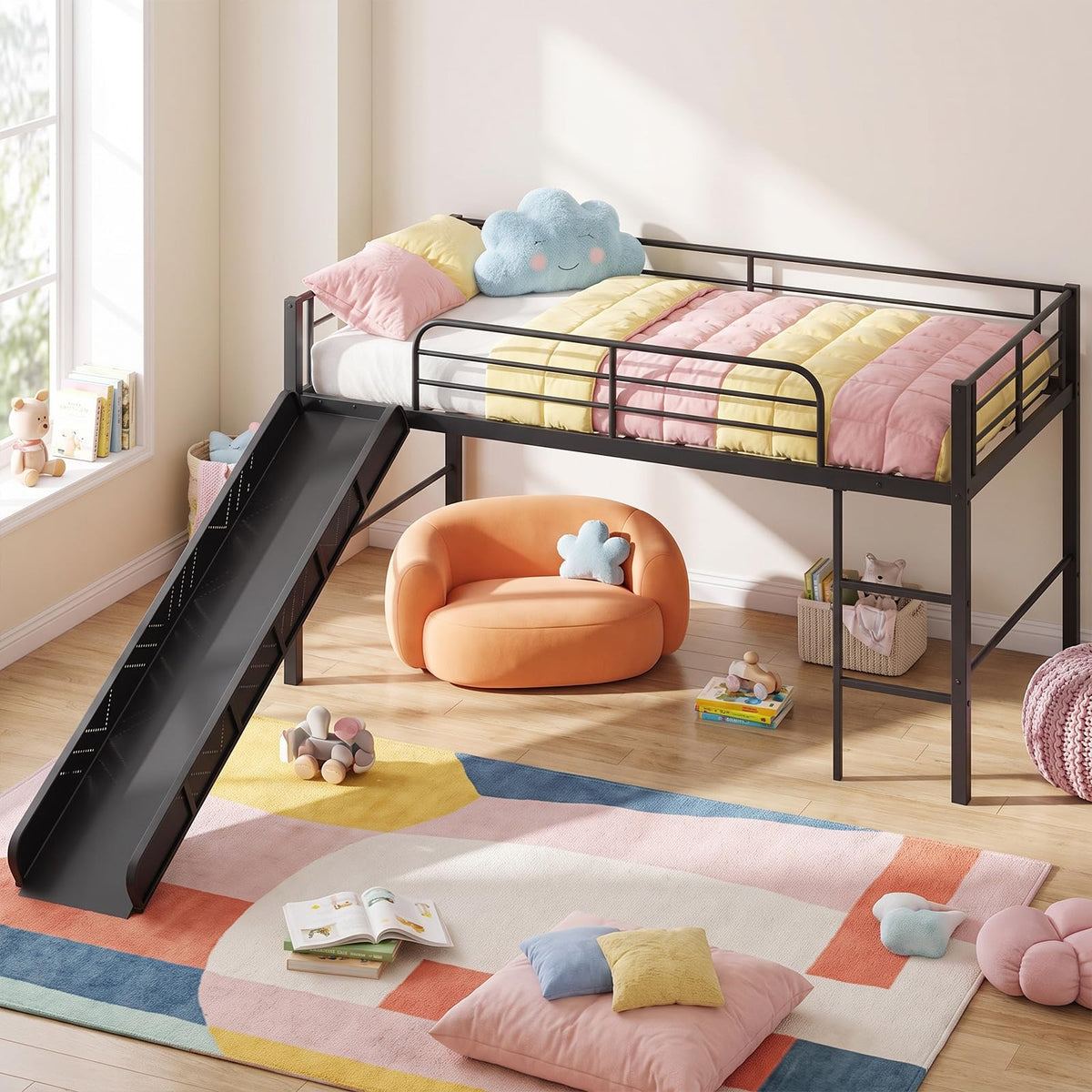 KOMFOTT Twin Size Low Loft Bed Metal Bed Frame with 30" H Under-Bed Space(with Slide)