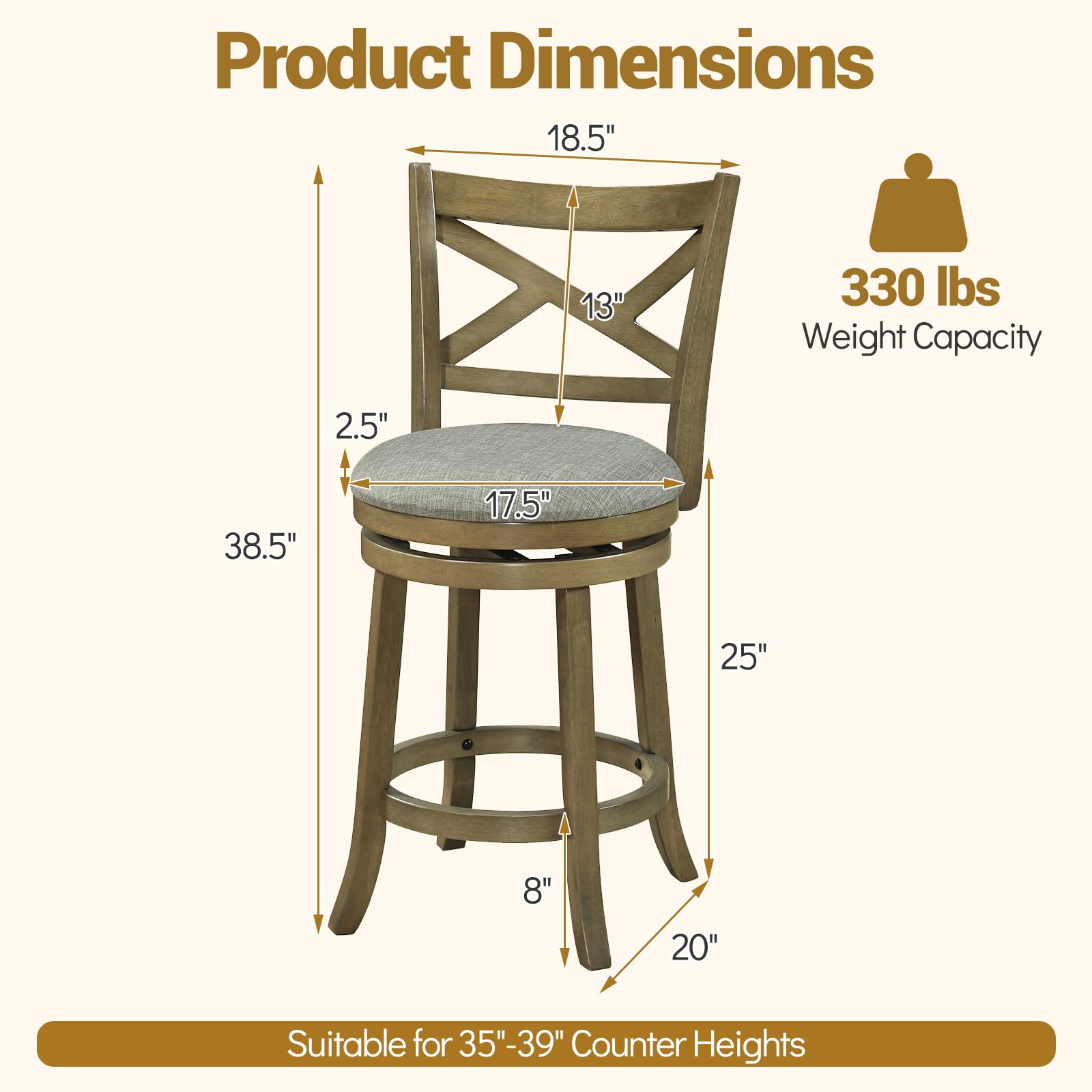 KOMFOTT Wood Swivel Bar Stools Set of 2/4, Counter Height Swivel Chairs with Hollow Back & Soft-Padded Seat