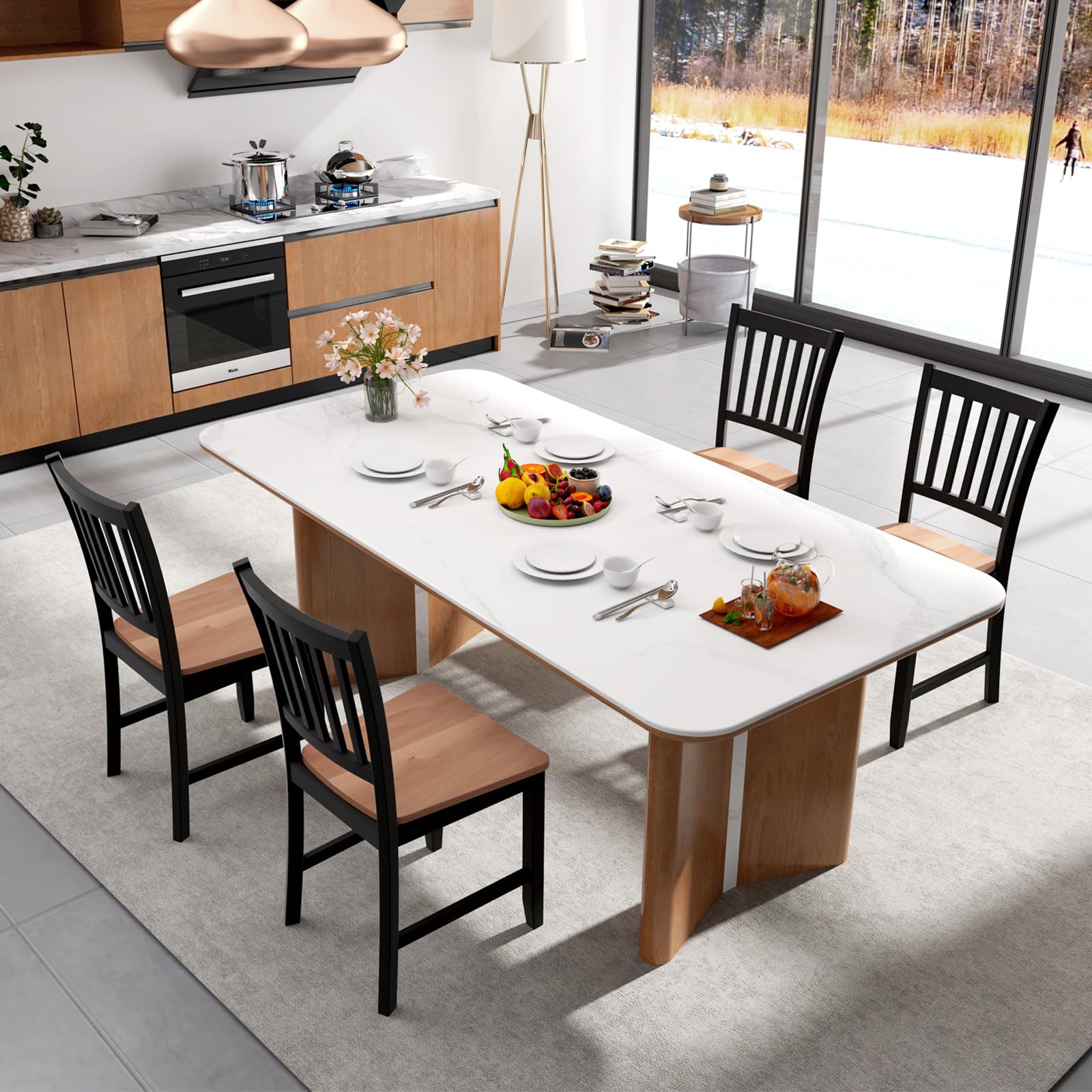 KOMFOTT Wooden Dining Chairs Set of 4, Farmhouse Kitchen Chair with Rubber Wood Legs, Slat Back