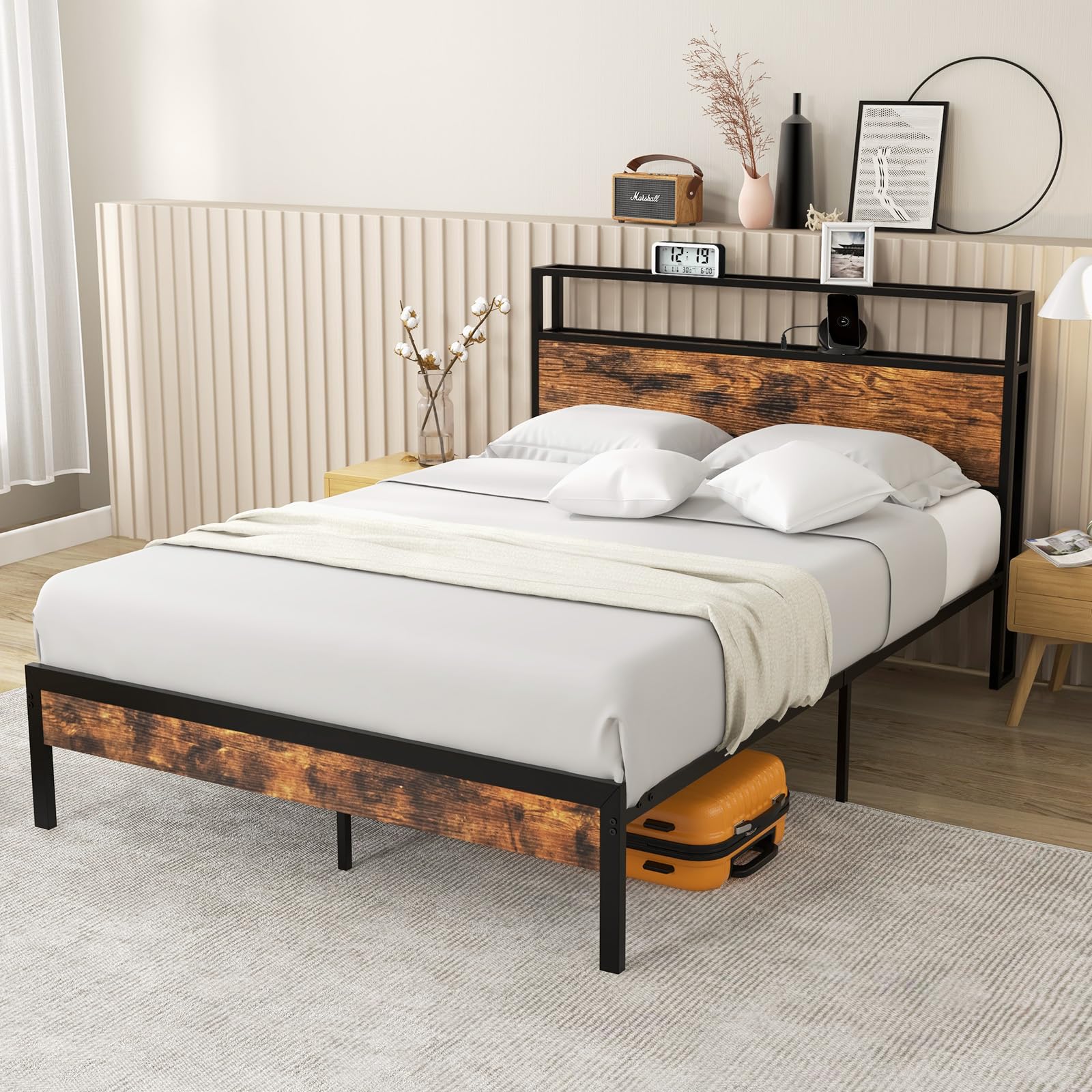 KOMFOTT Industrial Bed Frame with 2-Tier Storage Headboard & Charging Station
