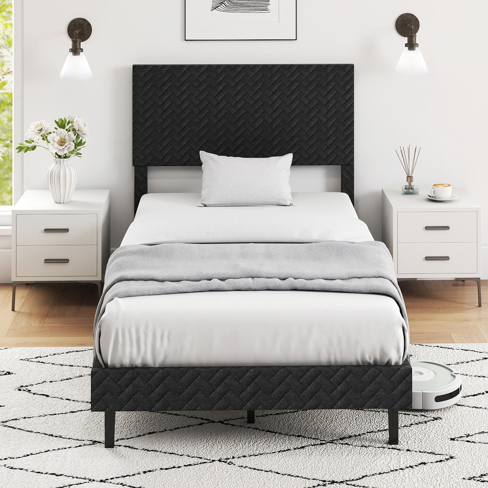 KOMFOTT Bed Frame with Height Adjustable Linen Headboard