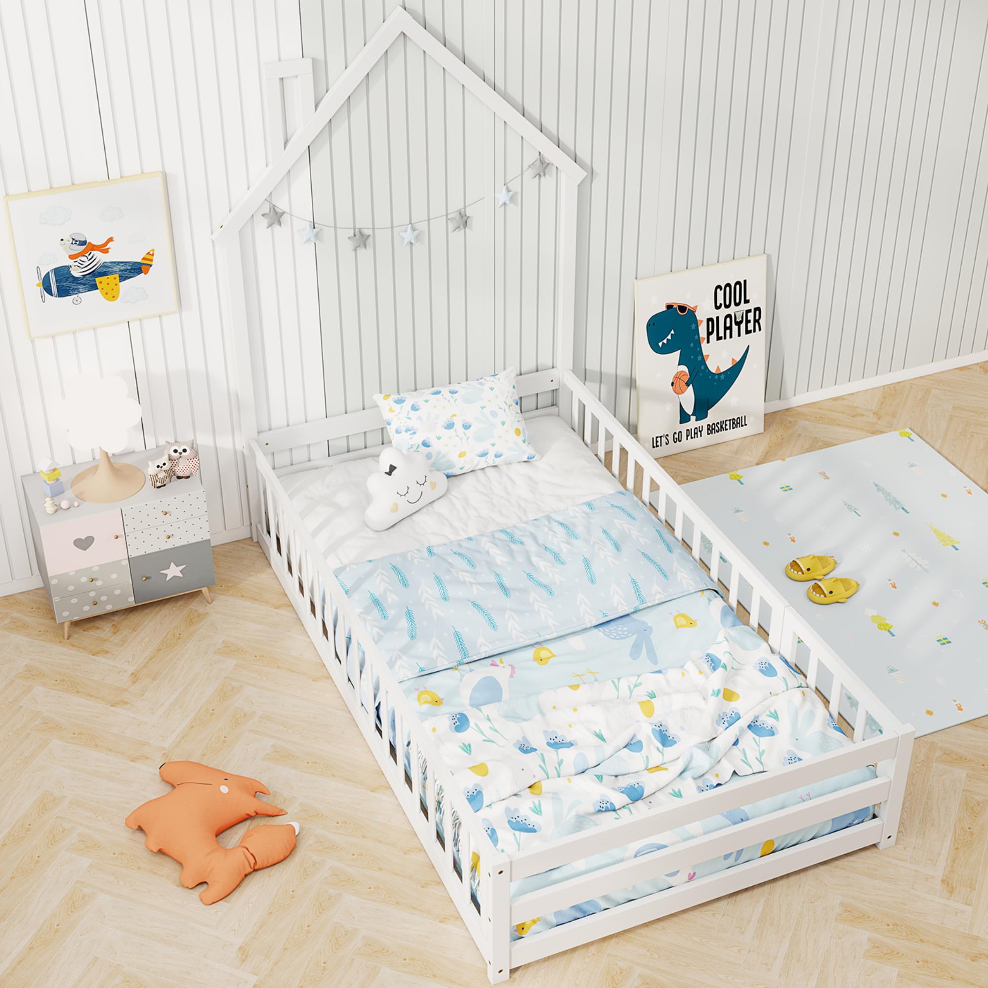 KOMFOTT Twin Size Wood Floor Bed with Door & Fence