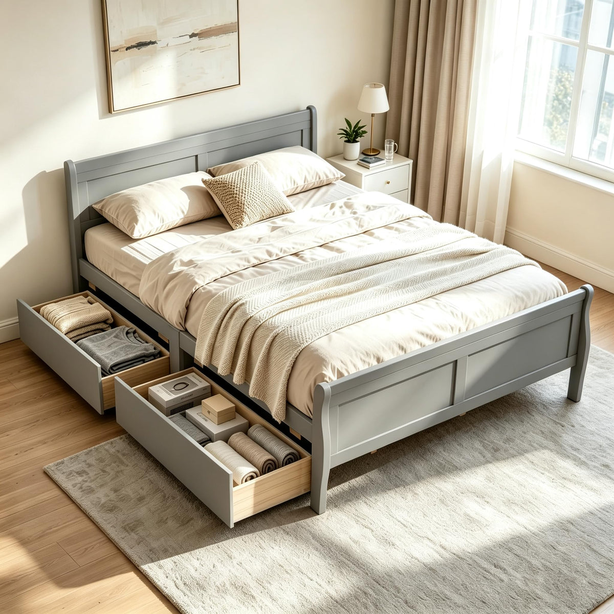 KOMFOTT Twin Size Sleigh Wood Bed Frame with 2 Storage Drawers