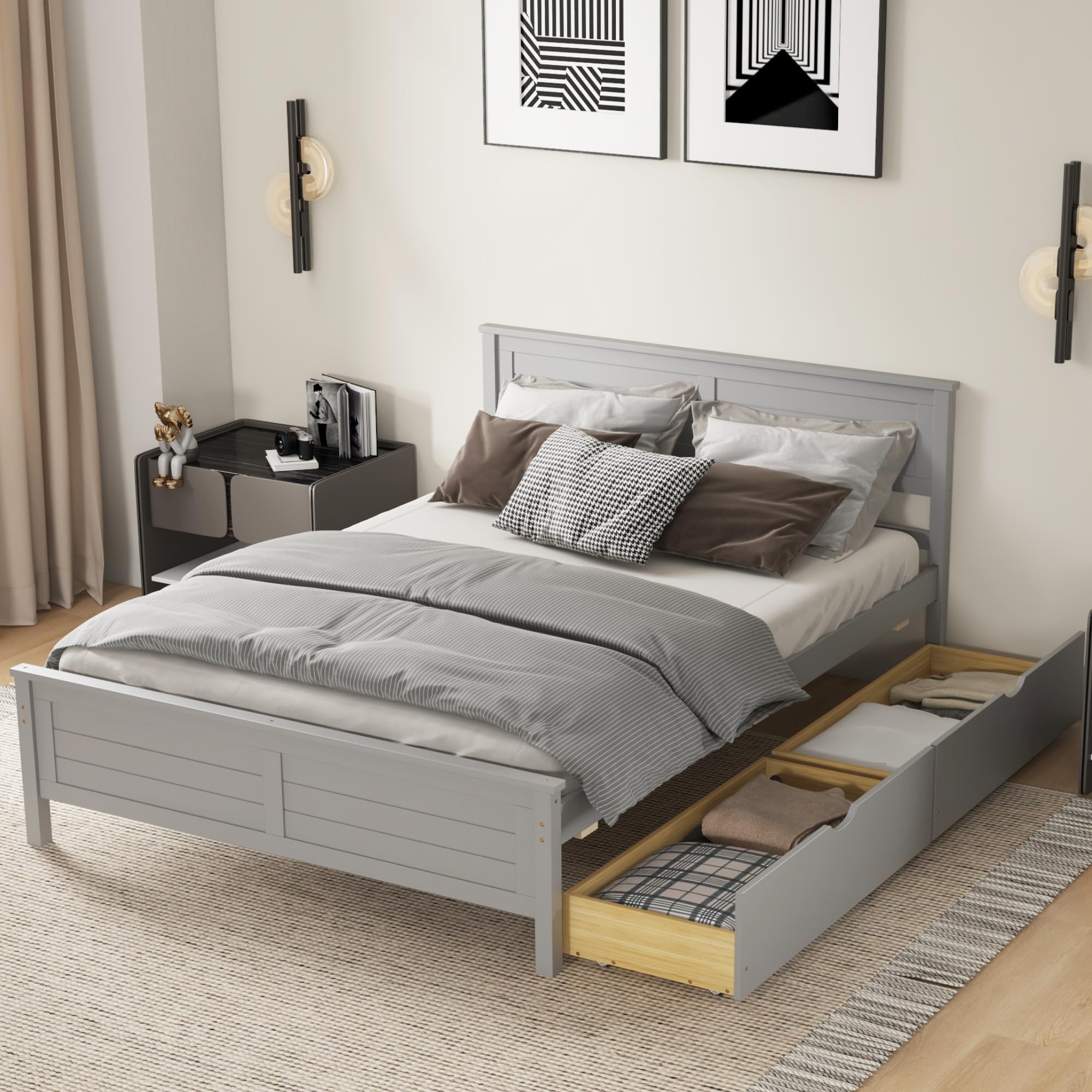 KOMFOTT Wood Bed Frame with 2 Storage Drawers