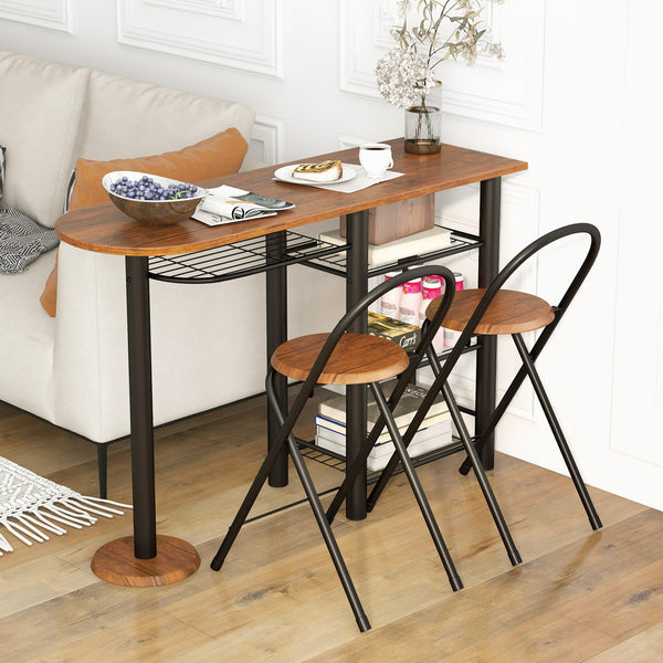 3 Piece Bar Table Set, Counter Height Dining Table & 2 Foldable Chairs w/ 4-Tier Storage Shelves, Anti-Toppling Device