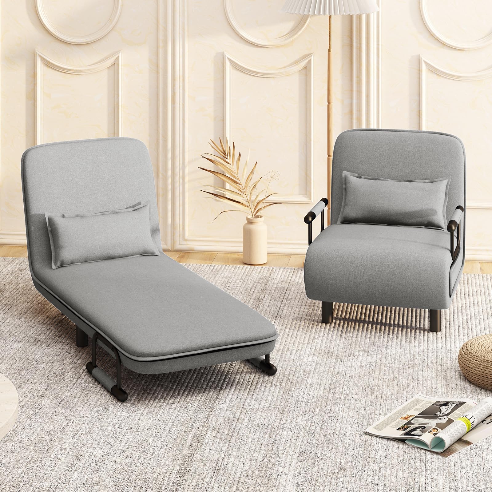 KOMFOTT Convertible Chair Bed with 5-Position Adjustable Backrest & Lumbar Pillow, 2 Hidden Metal Legs & 2 Lockable Casters