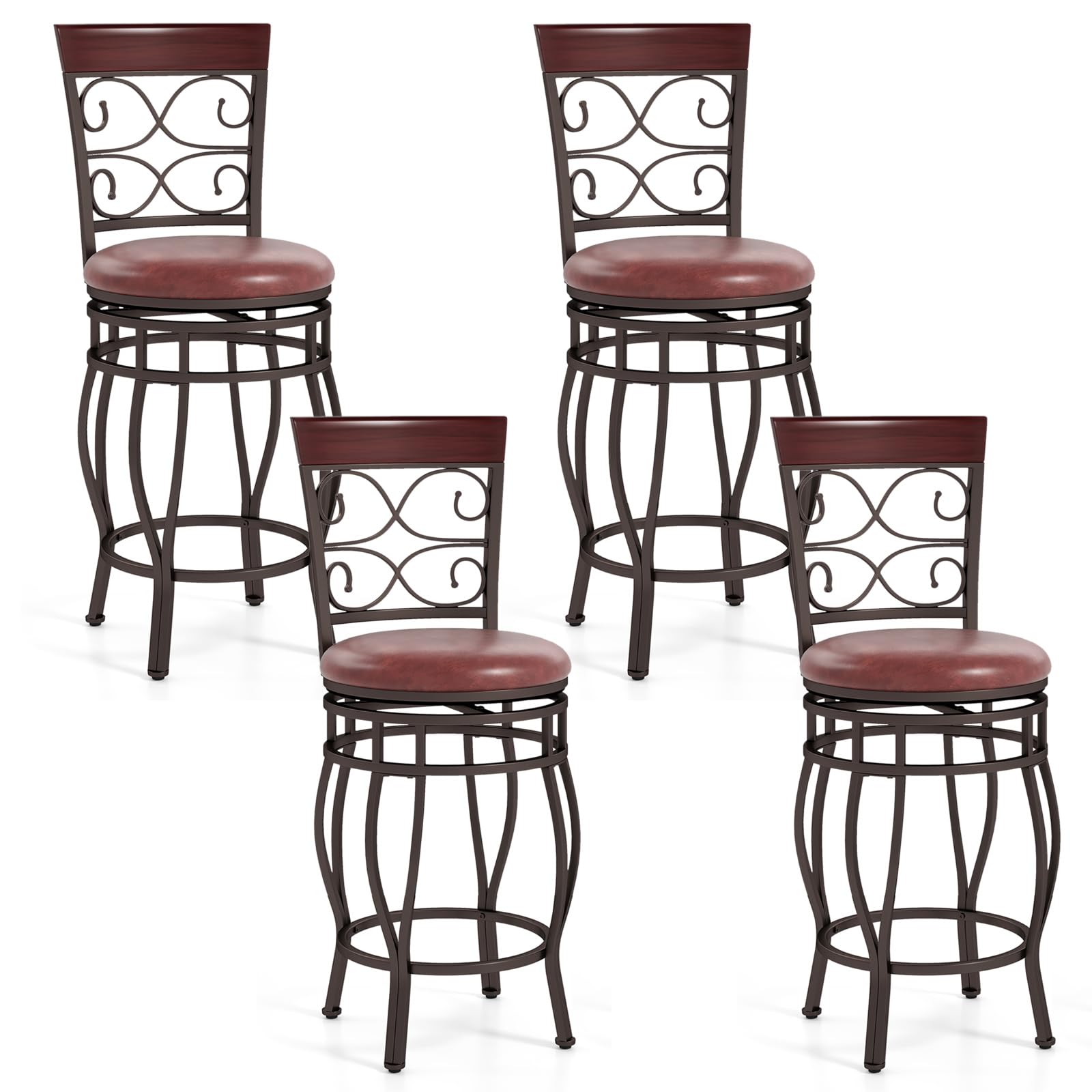 KOMFOTT Swivel Bar Stools Set of 2/4, Counter Height Bar Stools with Back, Upholstered PU Leather Seat, Footrest