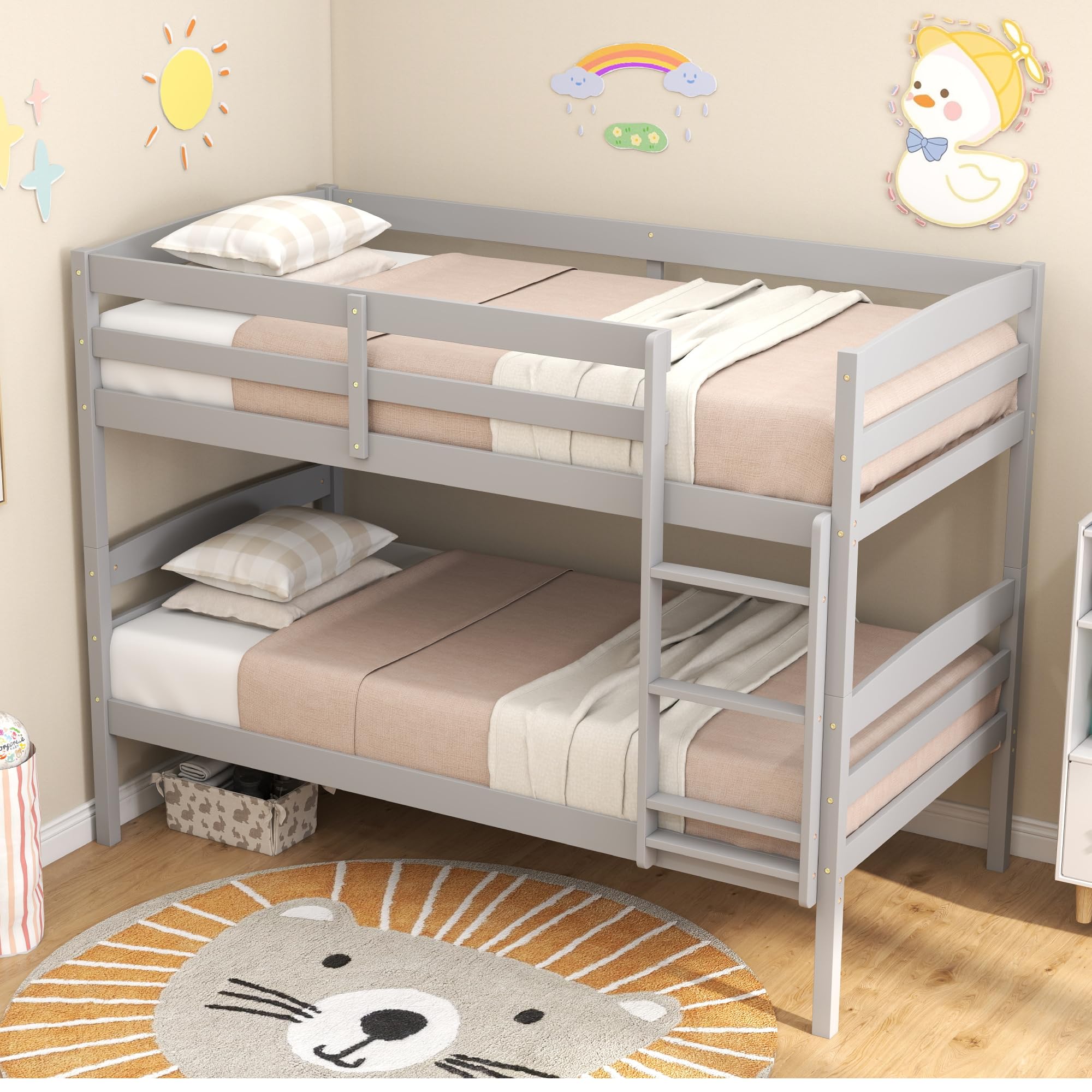 KOMFOTT Twin Over Twin Wood Bunk Bed with Full-Length Guardrail & Integrated Ladder
