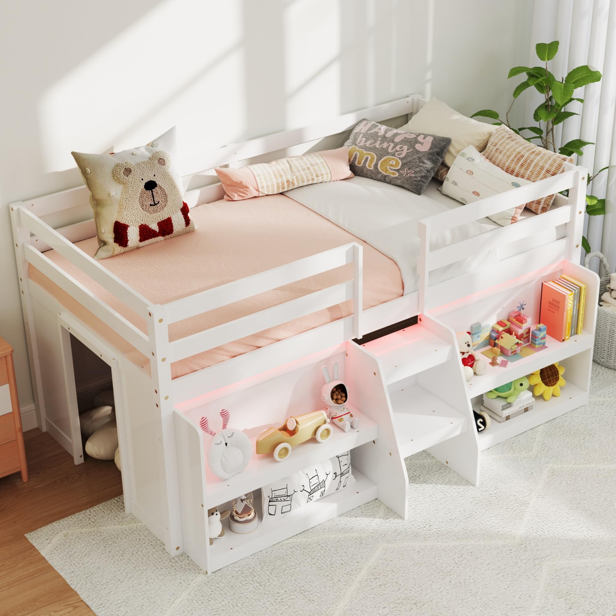 KOMFOTT Low Loft Bed with LED Light & 2 Bookcases