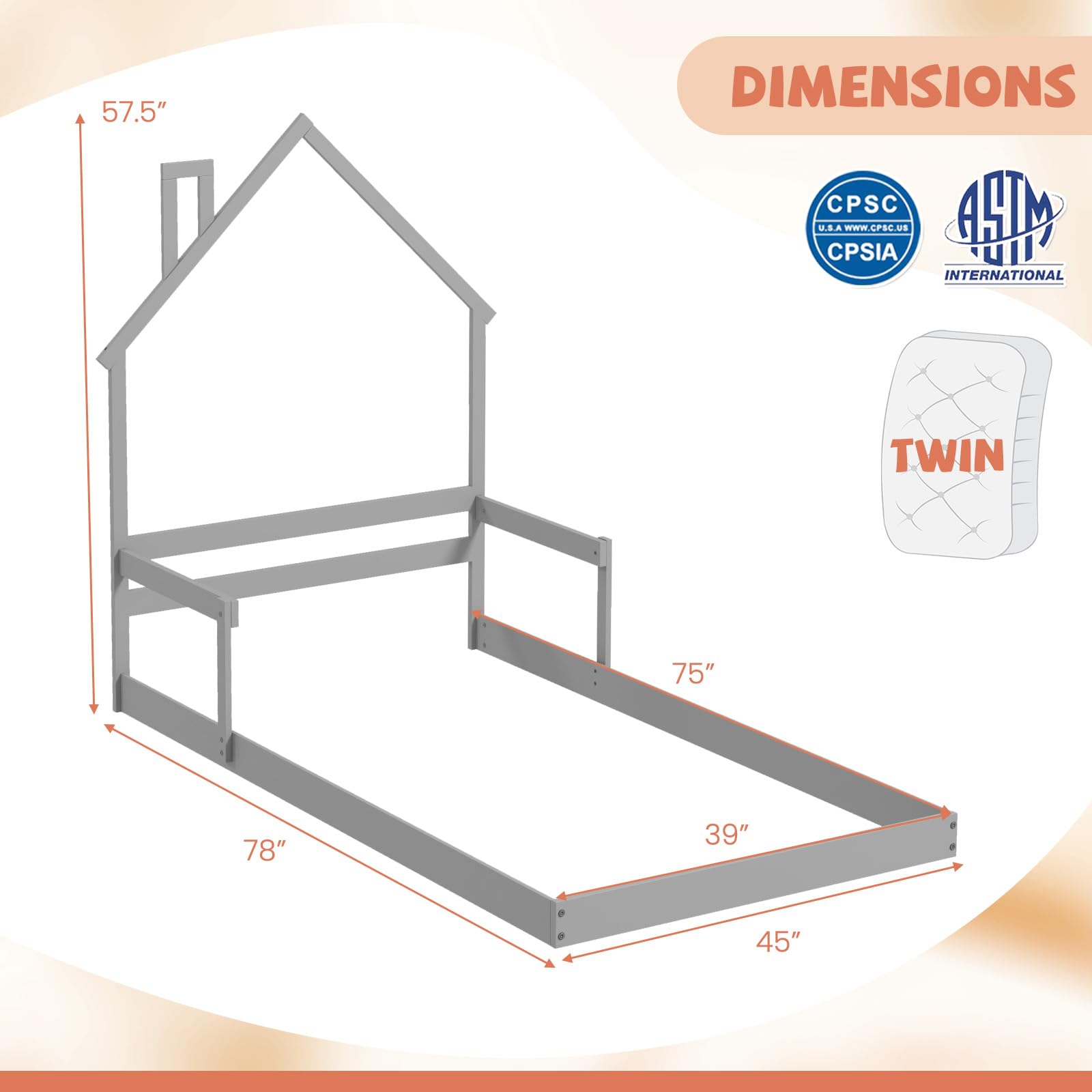 KOMFOTT Twin Floor Bed for Kids, Wood Montessori Bed with Chimney Headboard, Without Slats