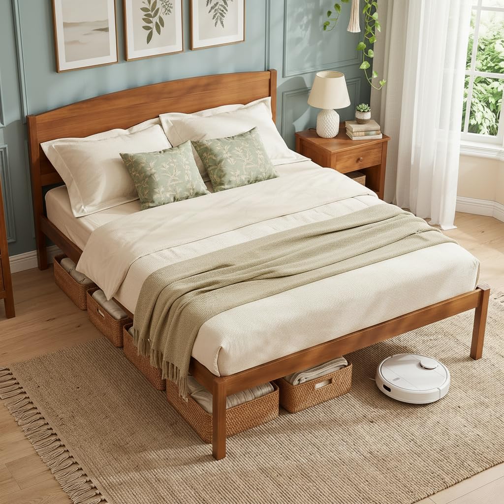 KOMFOTT Full/Twin/King/Queen Size Bed Frame Wooden Platform Bed with Curved Headboard