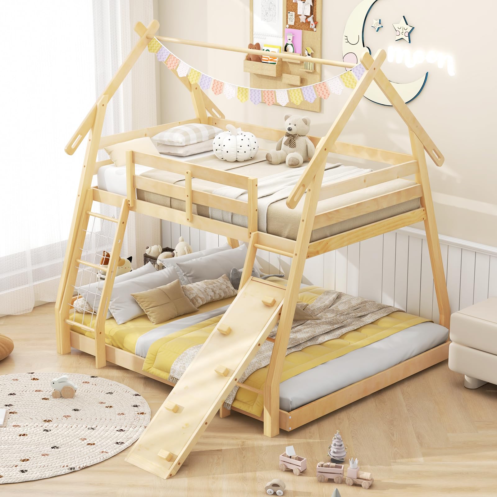 KOMFOTT Wood Twin Over Queen House Bunk Bed