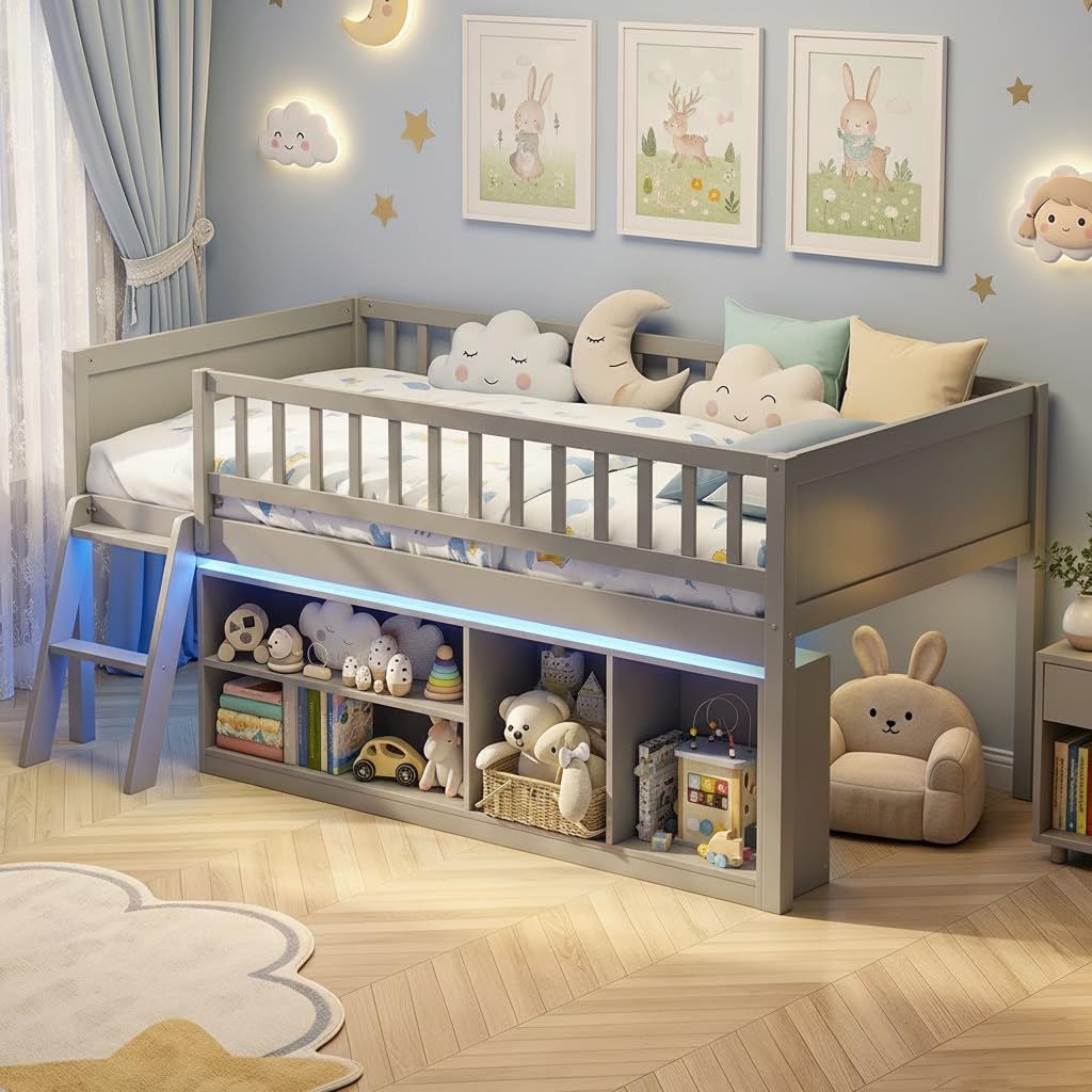 KOMFOTT Twin Size Low Loft Bed with LED Lights & Storage Bookcase(without Chalkboard)