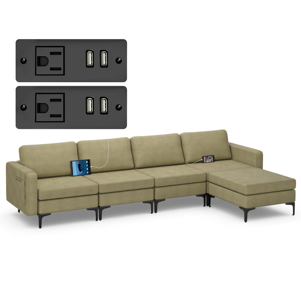 Modern Oversized Modular Sectional Sofa, 4-Seat Fabric Chaise Lounge Sleeper with Built-in Sockets & USB Ports