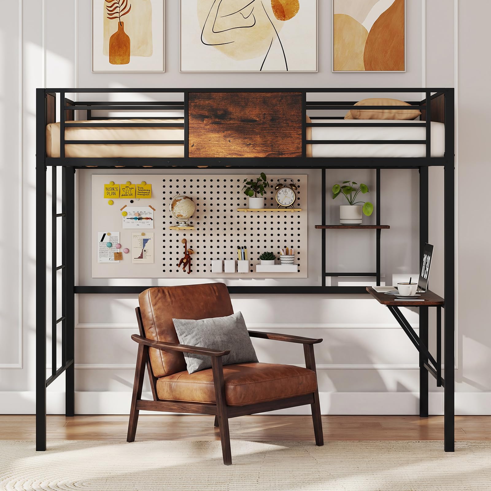 KOMFOTT Twin Size Loft Bed with Desk & Storage Shelf