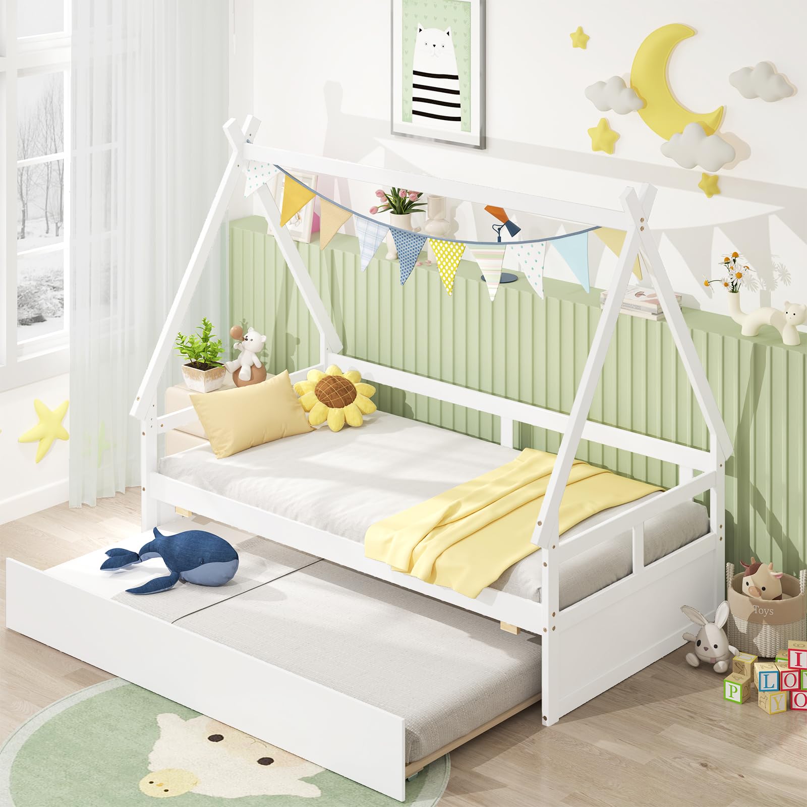 KOMFOTT Twin Size Wood House Bed with Trundle