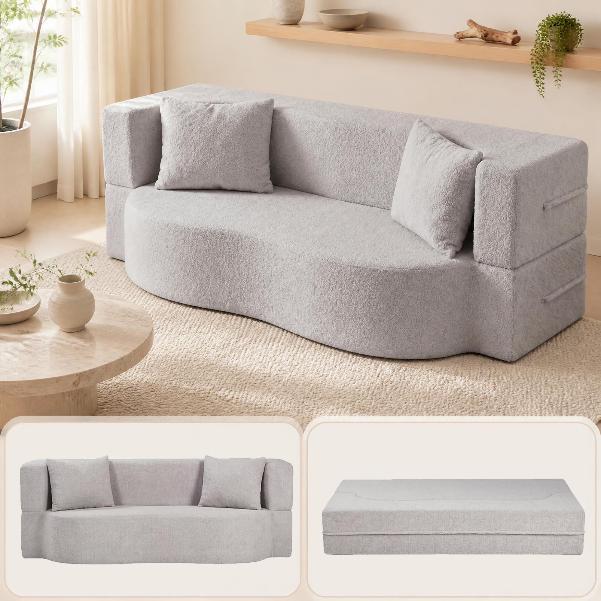 KOMFOTT 2-in-1 Folding Sofa Bed Convertible Loveseat Sofa in Teddy Fleece