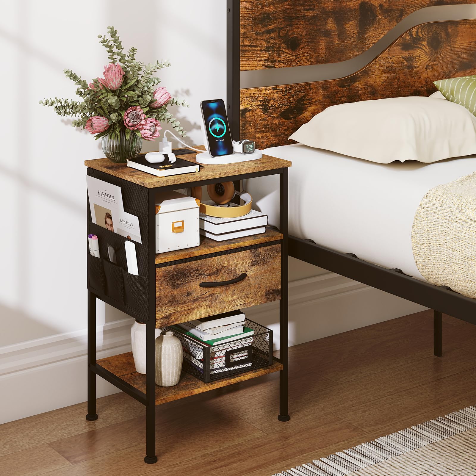 KOMFOTT 1/2 Nightstand with Charging Station 24.5" Modern Bedside Table(1 Drawer)