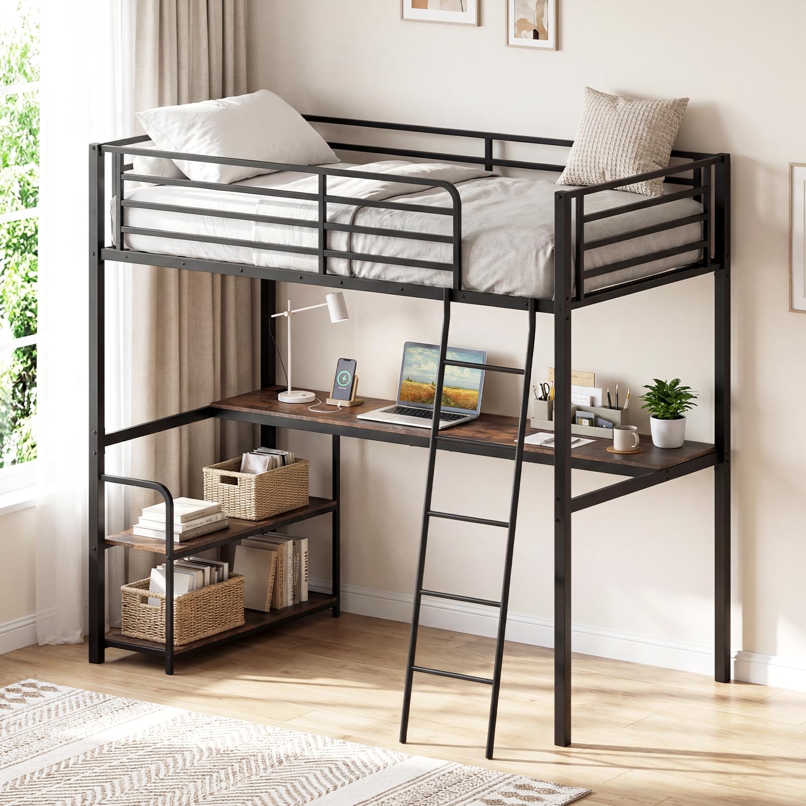 KOMFOTT Twin Loft Bed with Desk & Shelves Heavy Duty Metal Bed Frame