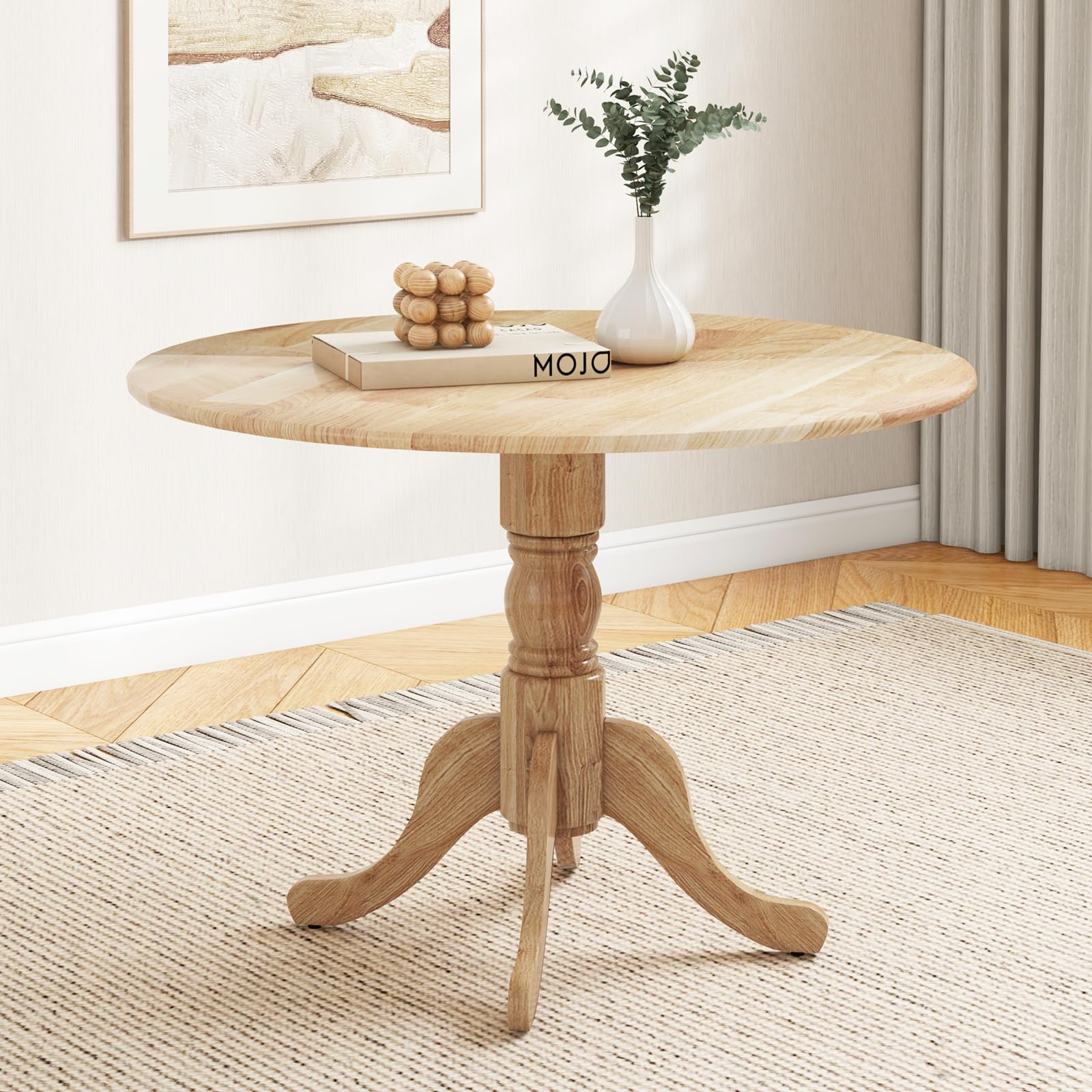 KOMFOTT Wood Round Dining Table for 4 People with Curved Trestle Legs