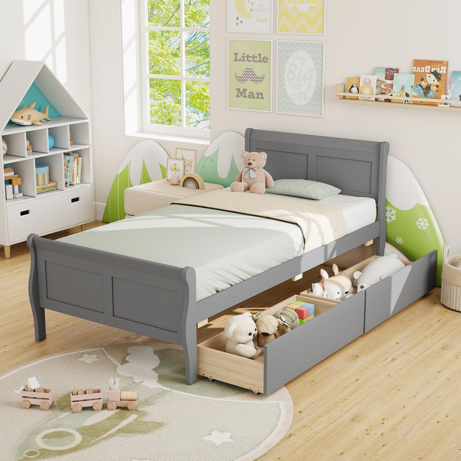 KOMFOTT Twin Size Sleigh Wood Bed Frame with 2 Storage Drawers