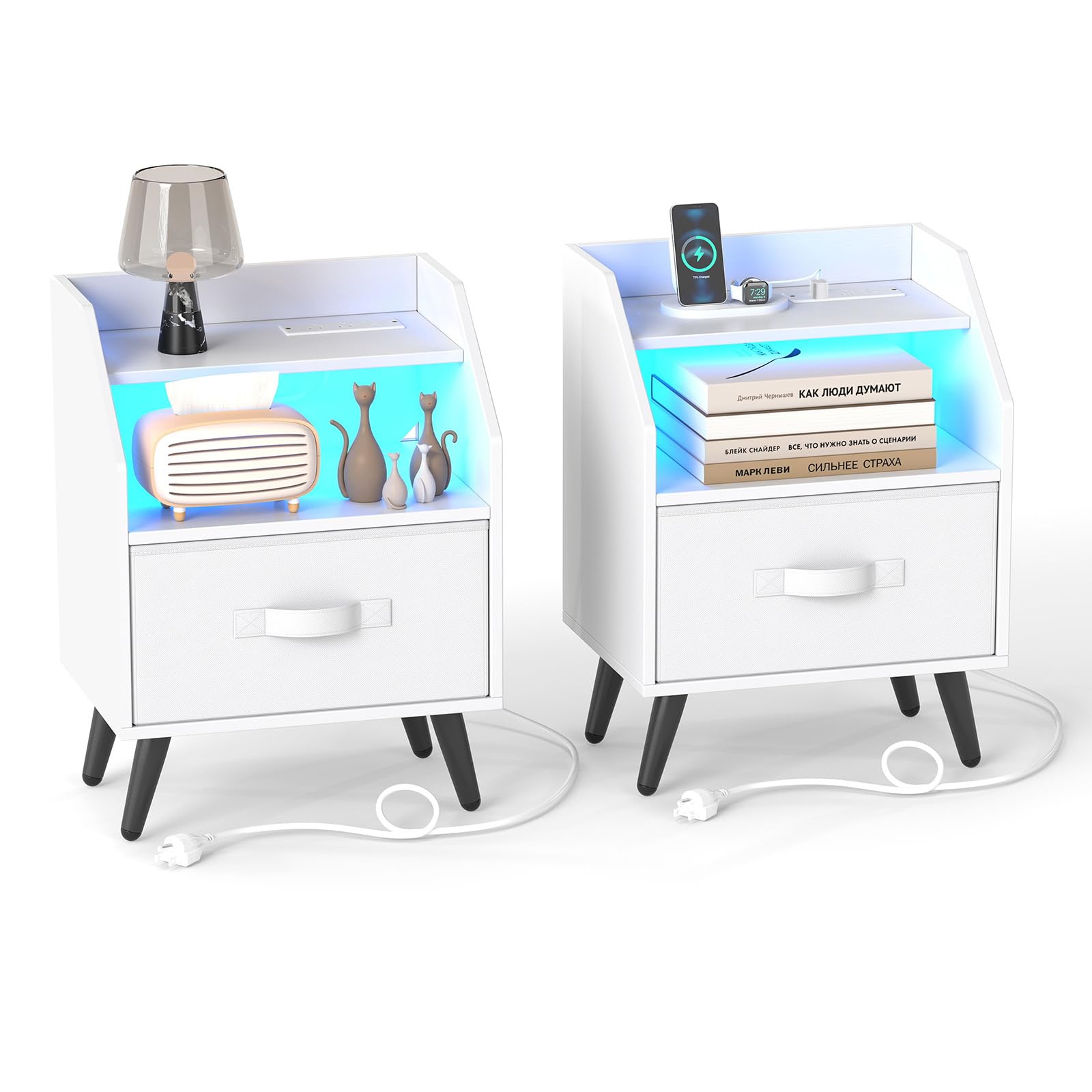 KOMFOTT Nightstand with LED Lights Charging Station & Fabric Drawer(1/2)