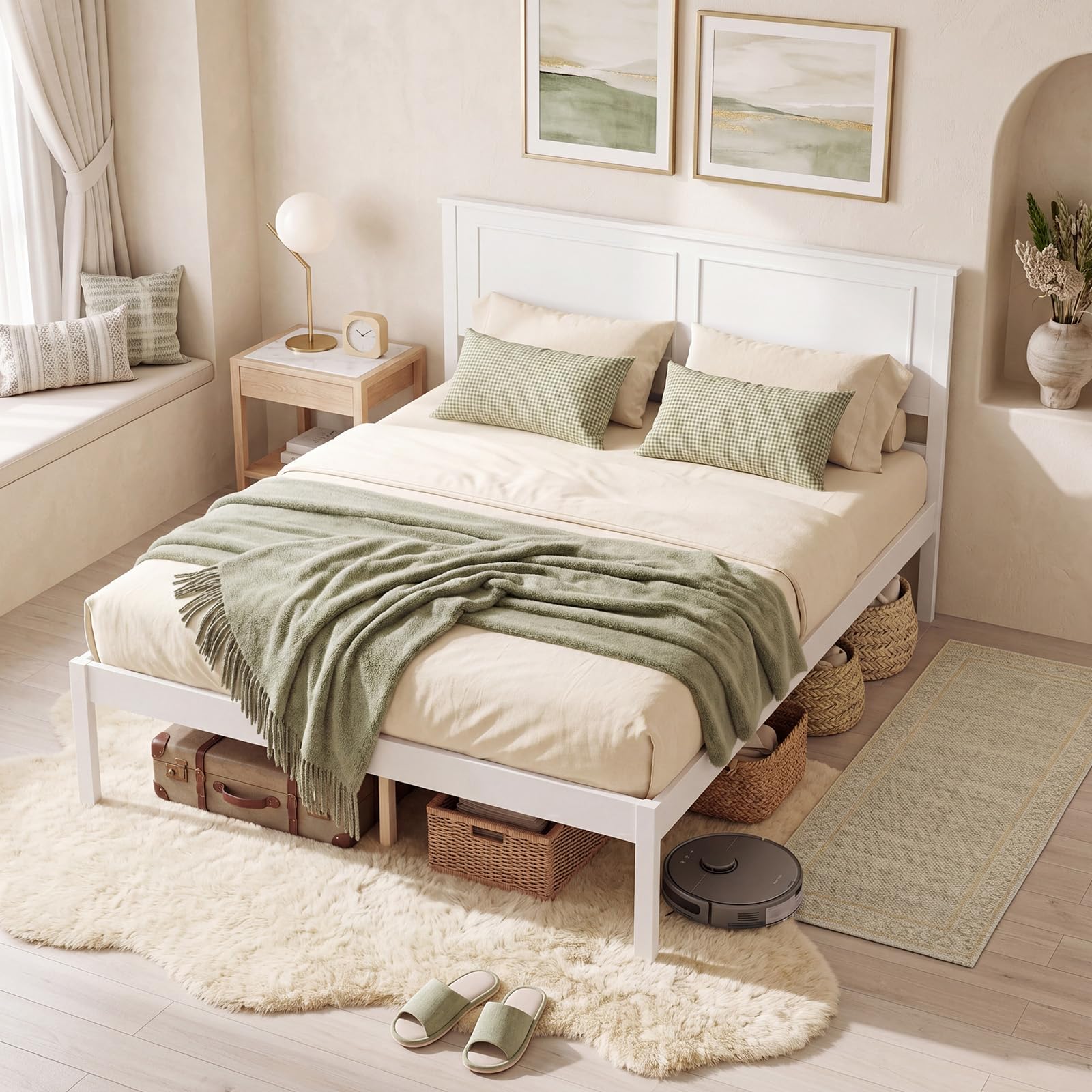 KOMFOTT Queen/Full/Twin Size Bed Frame Farmhouse Wooden Platform Bed