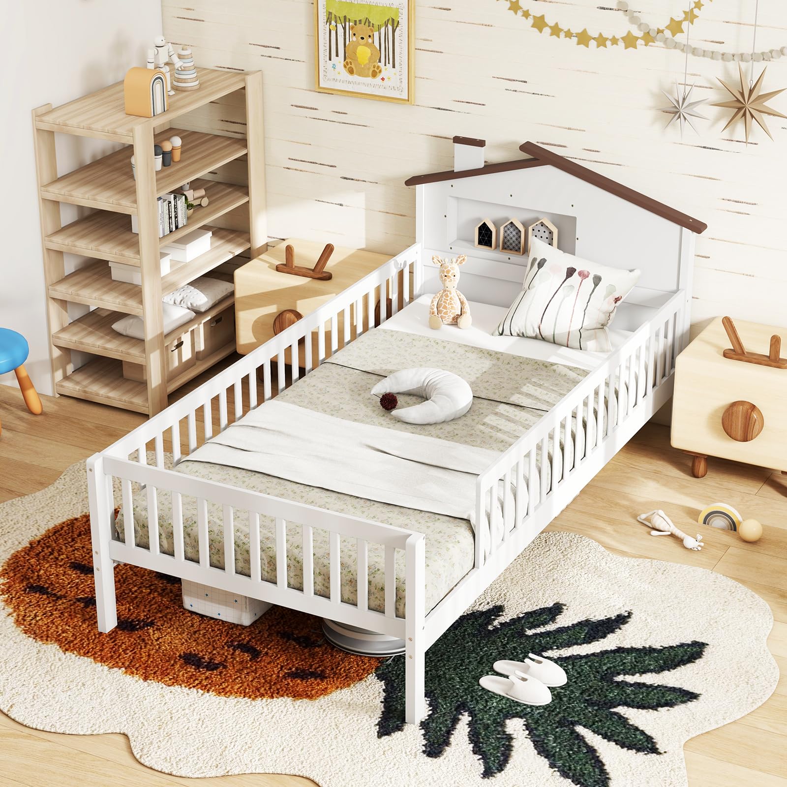 KOMFOTT Twin Size Bed Frame with House Shaped Headboard