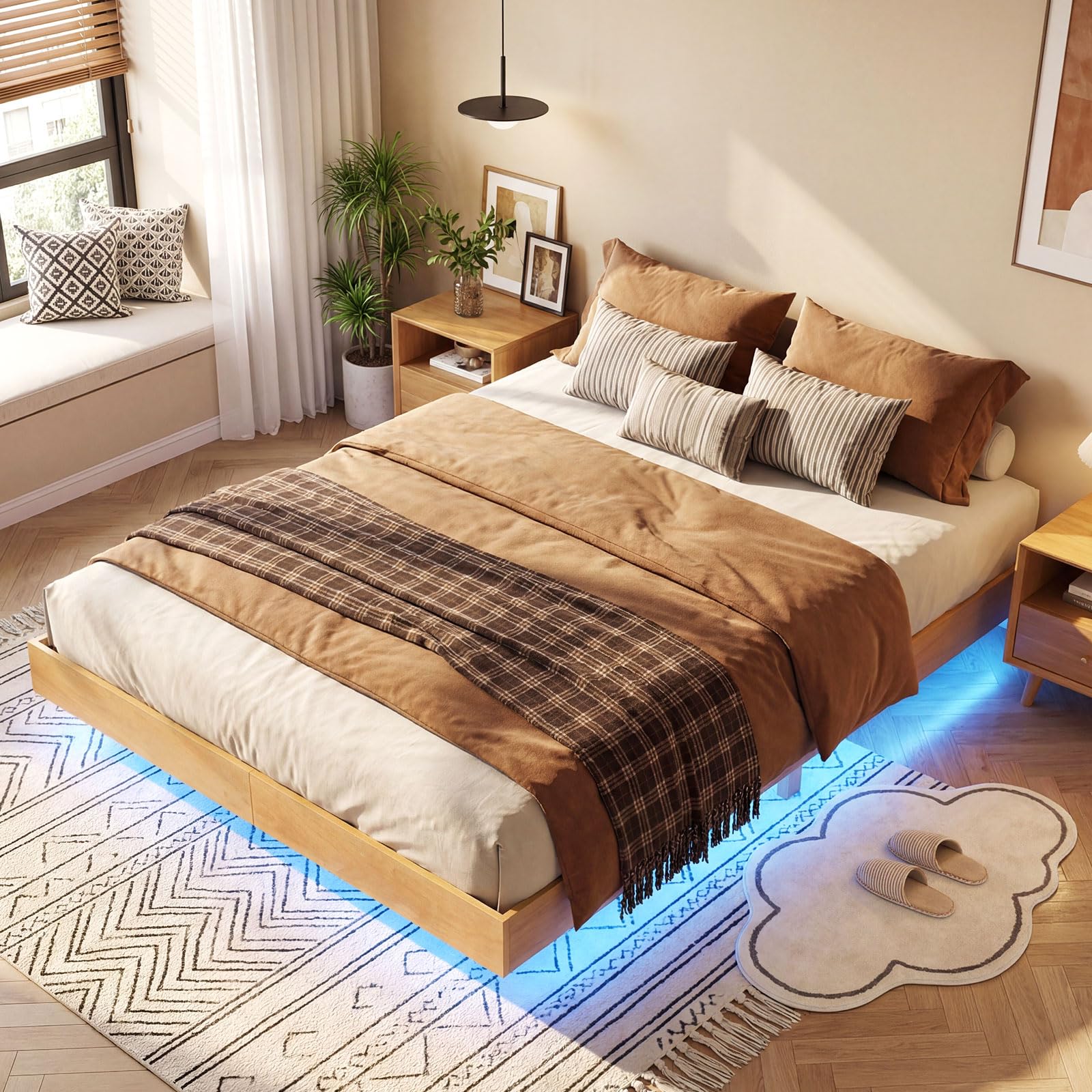 KOMFOTT Queen/Full/Twin Size Wood Floating Bed Frame with LED Lights