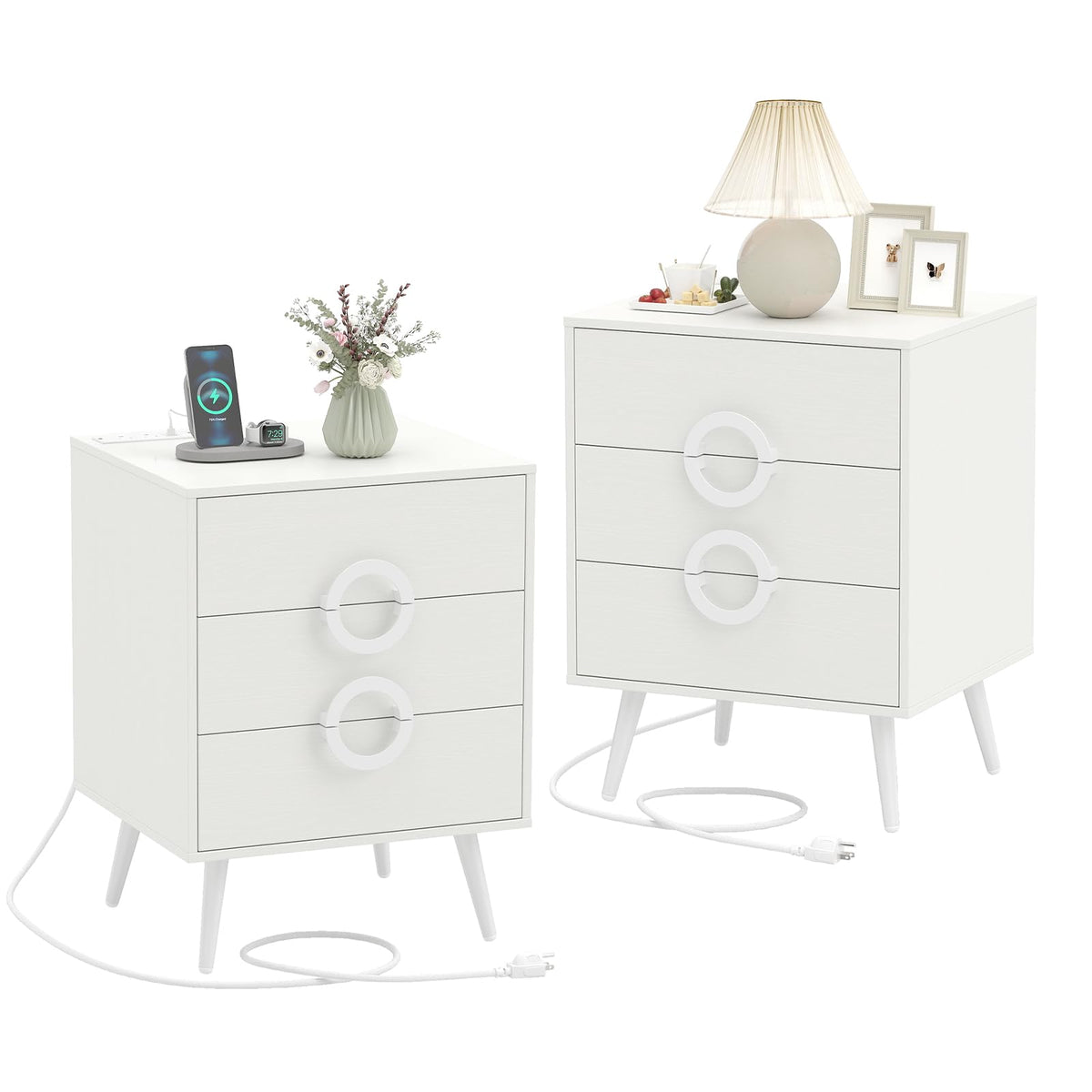 KOMFOTT Nightstand with 3 Drawers Bedside Table w/ Charging Station(18" x 16" x 23.5")