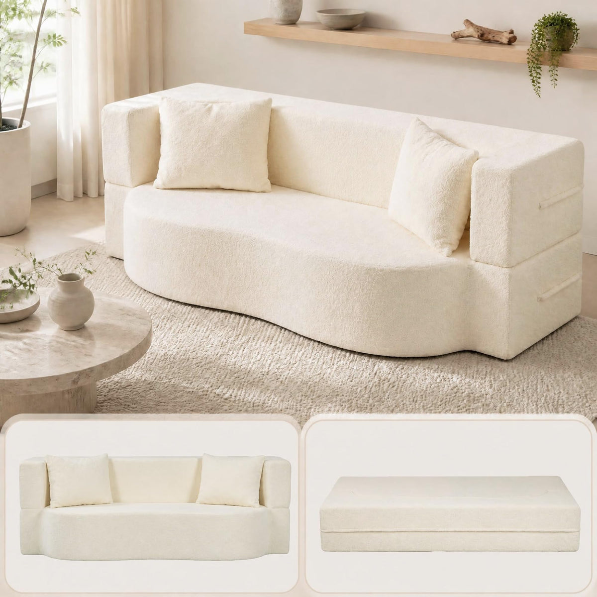 KOMFOTT 2-in-1 Folding Sofa Bed Convertible Loveseat Sofa in Teddy Fleece
