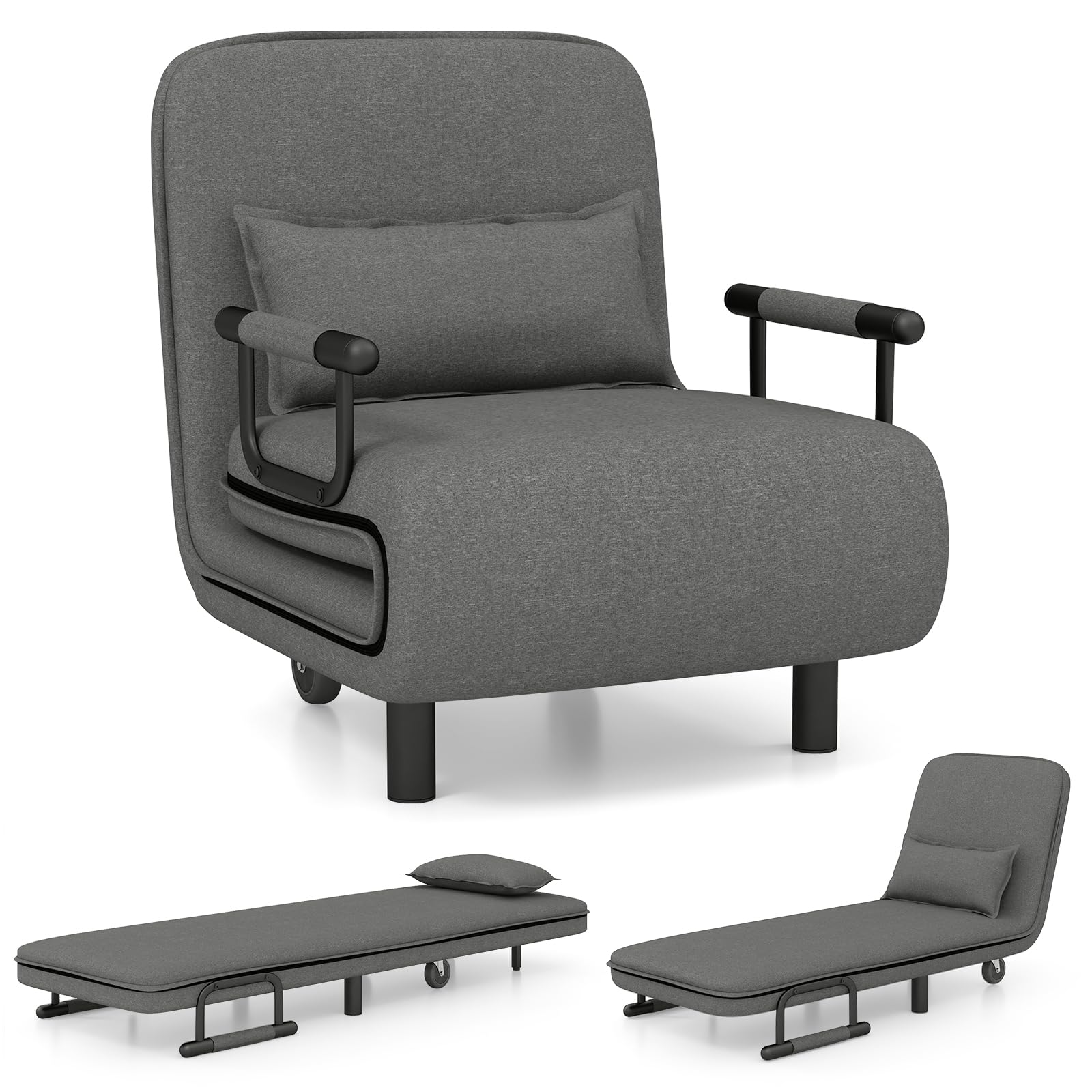 KOMFOTT Convertible Chair Bed with 5-Position Adjustable Backrest & Lumbar Pillow, 2 Hidden Metal Legs & 2 Lockable Casters