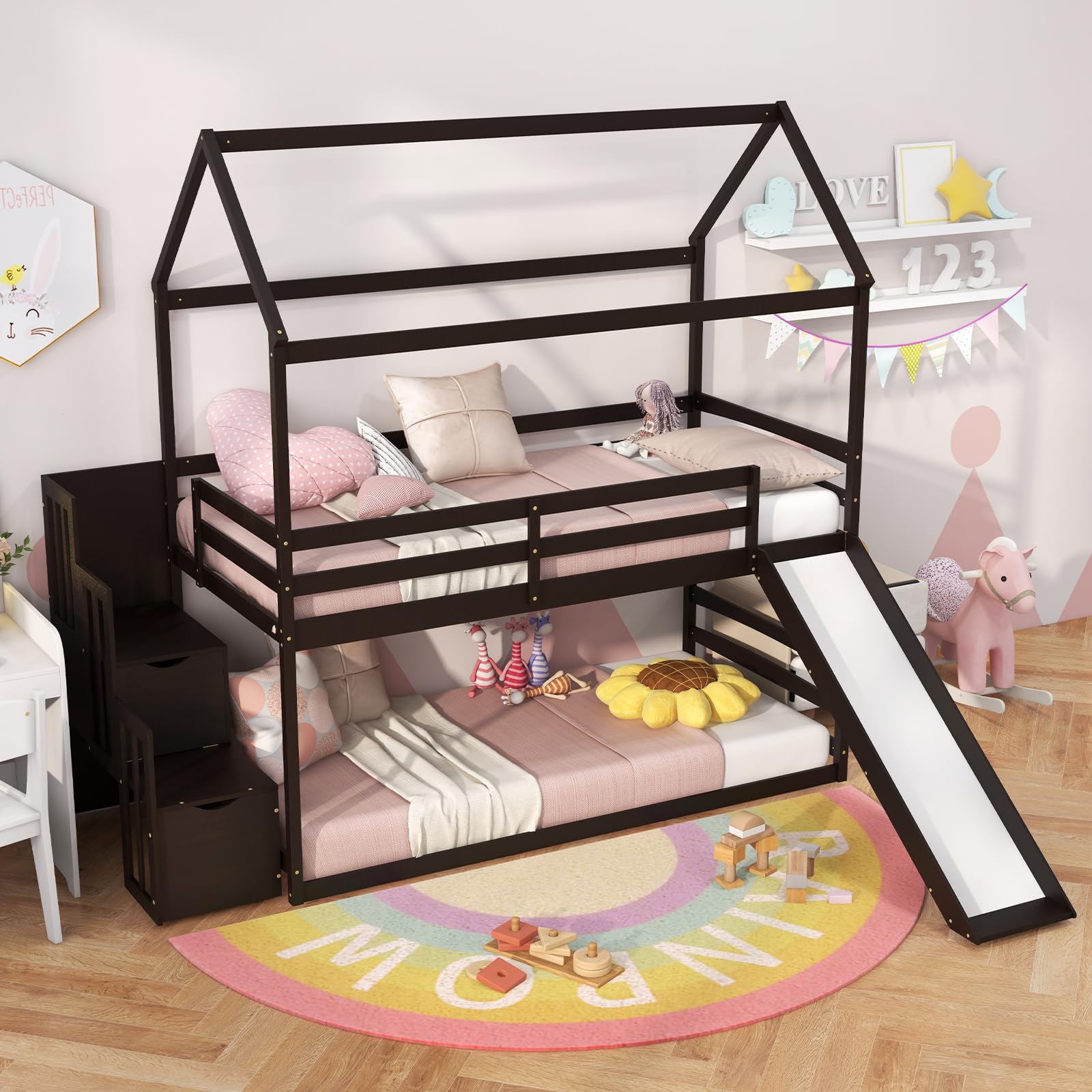 KOMFOTT Wood Twin Over Twin House Bunk Bed with Slide & Storage Staircase