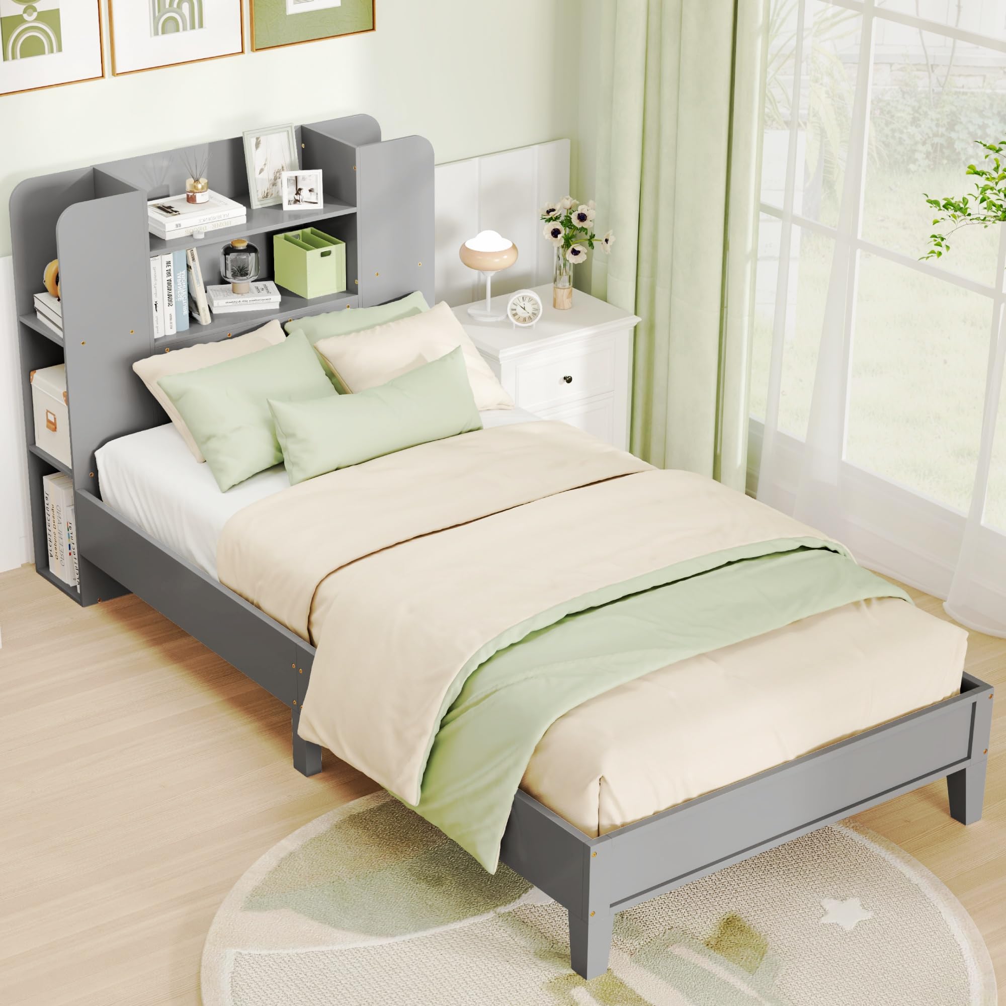 KOMFOTT Twin Wood Platform Bed Frame with Bookcase Headboard