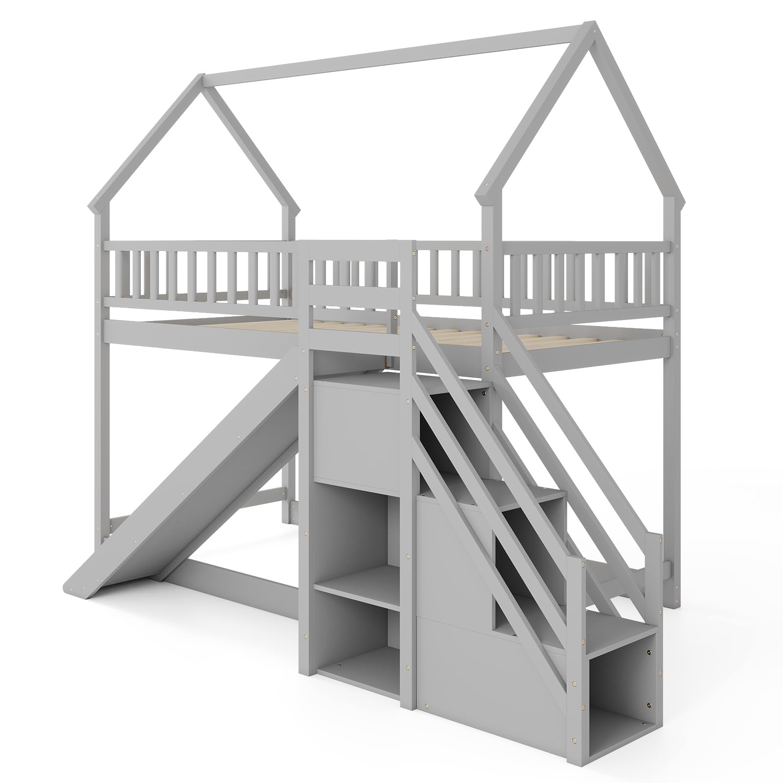 KOMFOTT Twin Over Twin Bunk Bed with Slide & Staircase & Storage Shelves