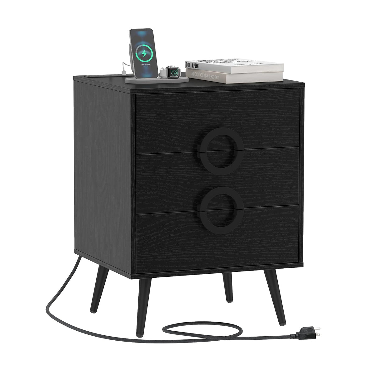 KOMFOTT Nightstand with 3 Drawers Bedside Table w/ Charging Station(18" x 16" x 23.5")