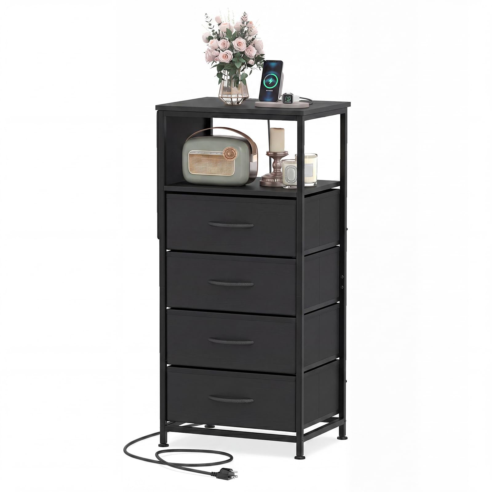 KOMFOTT 1/2 Nightstand with Integrated Charging Station 34" Tall Modern End Table(4 Drawers)