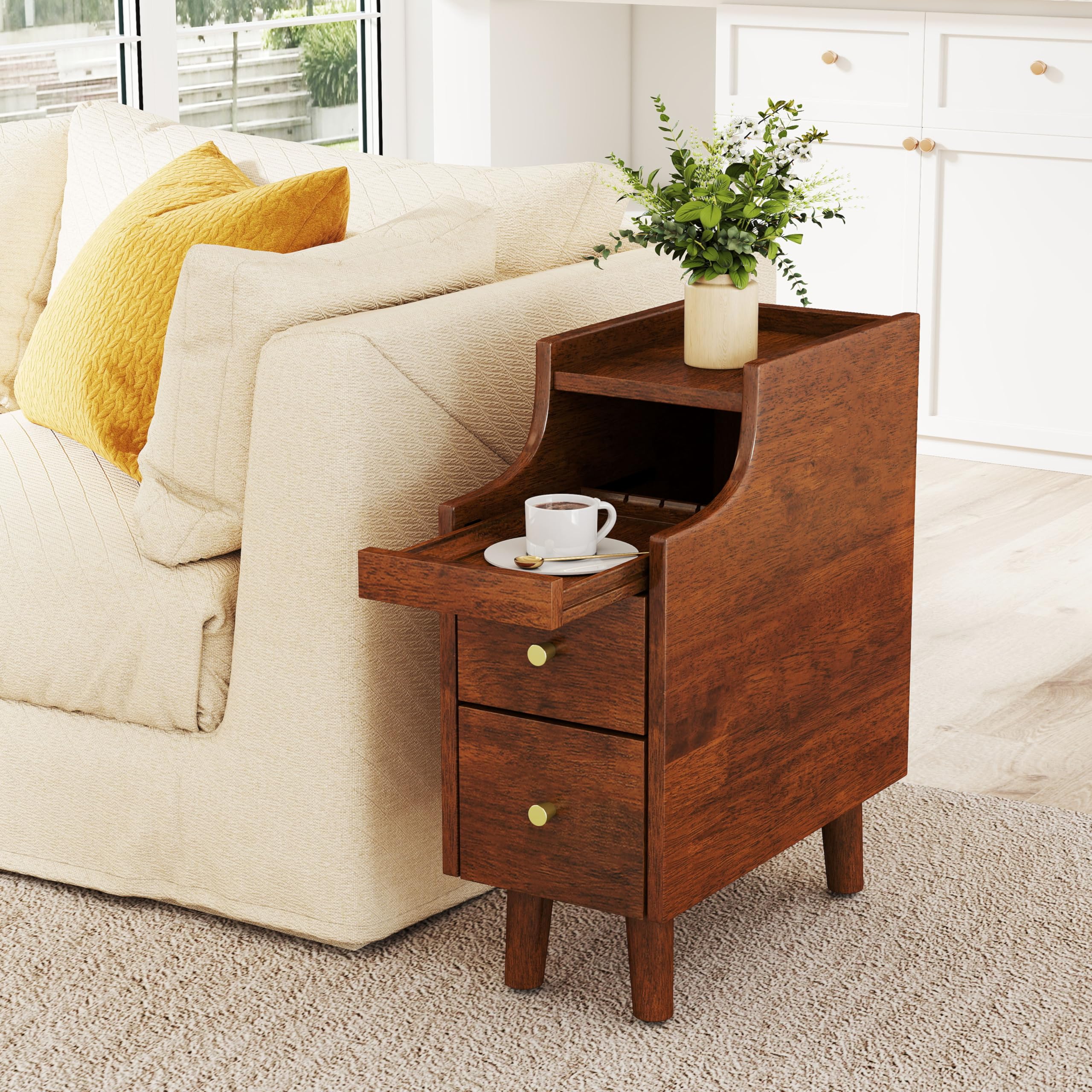 KOMFOTT Narrow Nightstand with Pull-Out Tray & 2 Storage Drawers