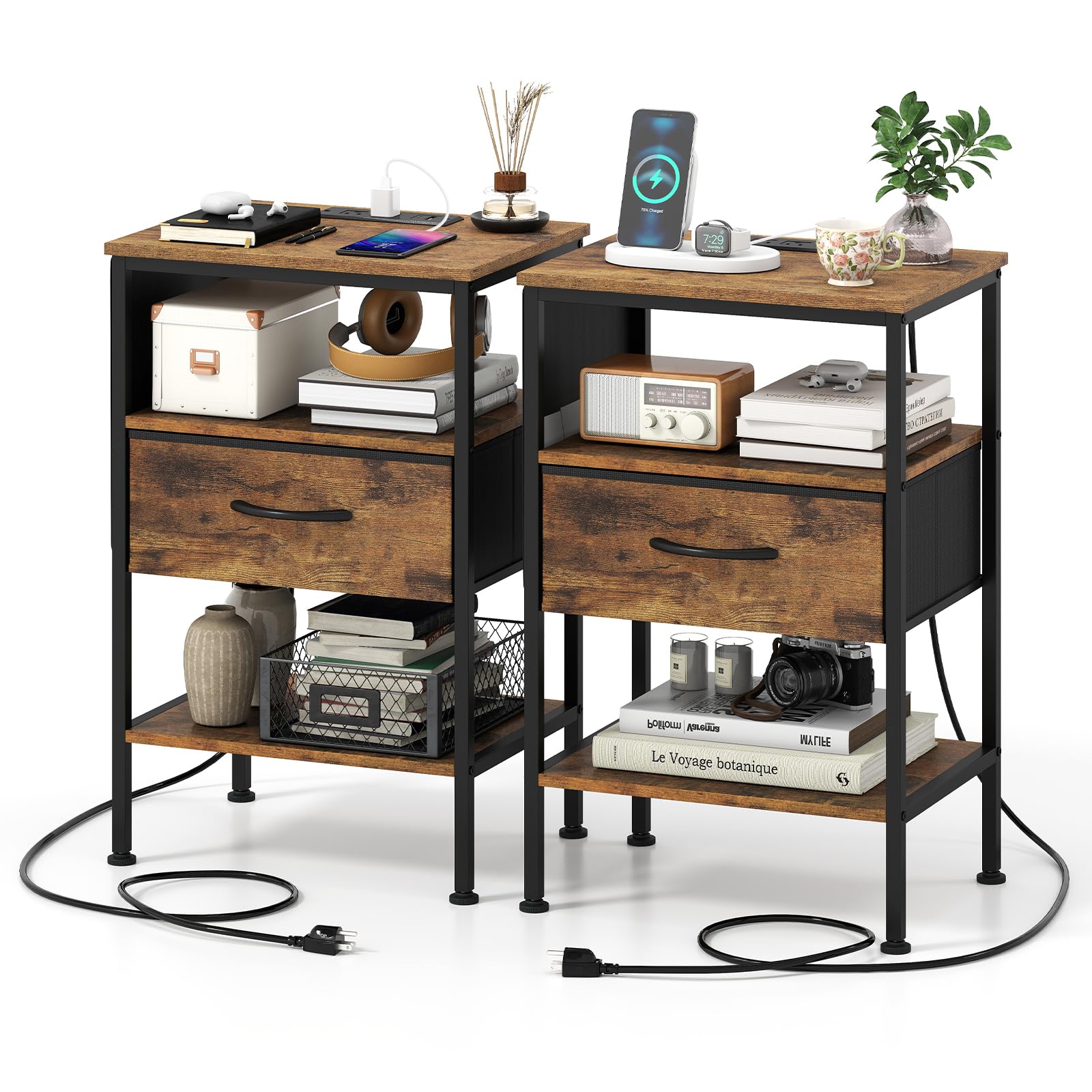 KOMFOTT 1/2 Nightstand with Charging Station 24.5" Modern Bedside Table(1 Drawer)