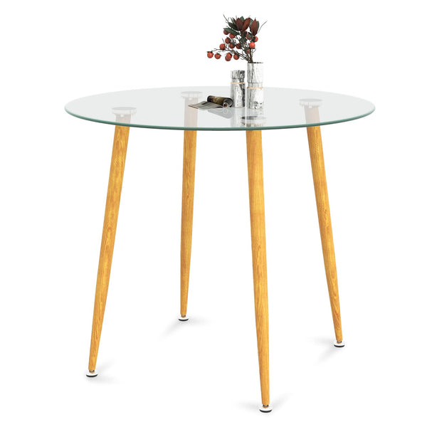 Round Glass Dining Table, 35.5" D x 30" H Kitchen Dinner Table w/Tempered Glass Tabletop & Metal Legs