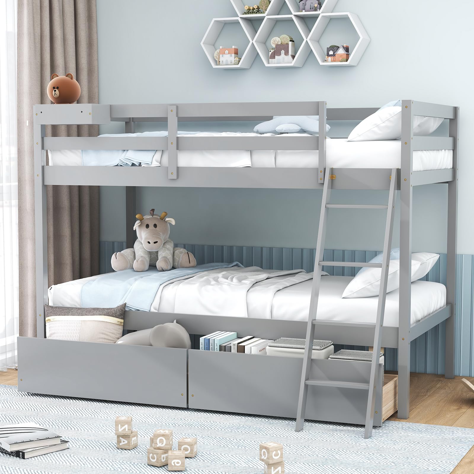 KOMFOTT Twin Over Twin Bunk Bed with 2 Roll-Out Drawers